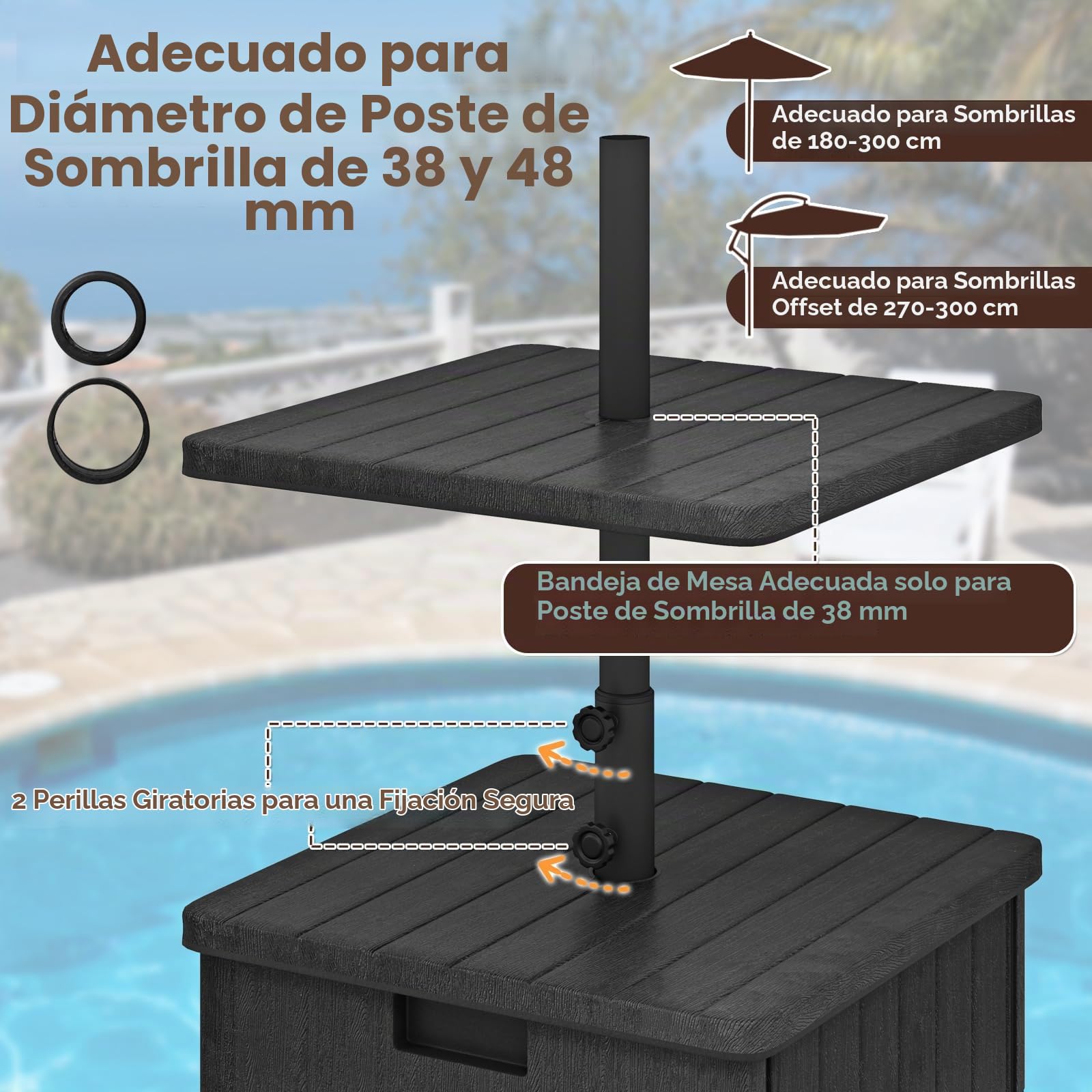 GOPLUS Base De Sombrilla Móvil Rellenable De Alta Resistencia, Soporte Para Sombrilla Con Ruedas Y Asa, Bandeja De Mesa, 2 Perillas Ajustables, Para Poste De Diámetro. 38mm/48mm (Negro)