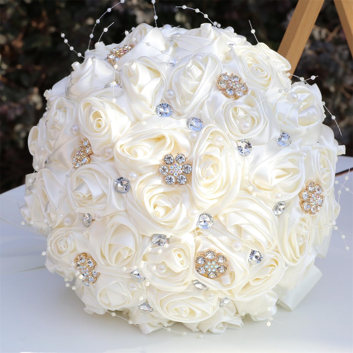 Anvevkn Bridal Wedding Bouquet Handmade Satin Rose Artificial Flower Bouquet for Bride Bridesmaid Holding Toss Round Wedding Bouquets Sparkling