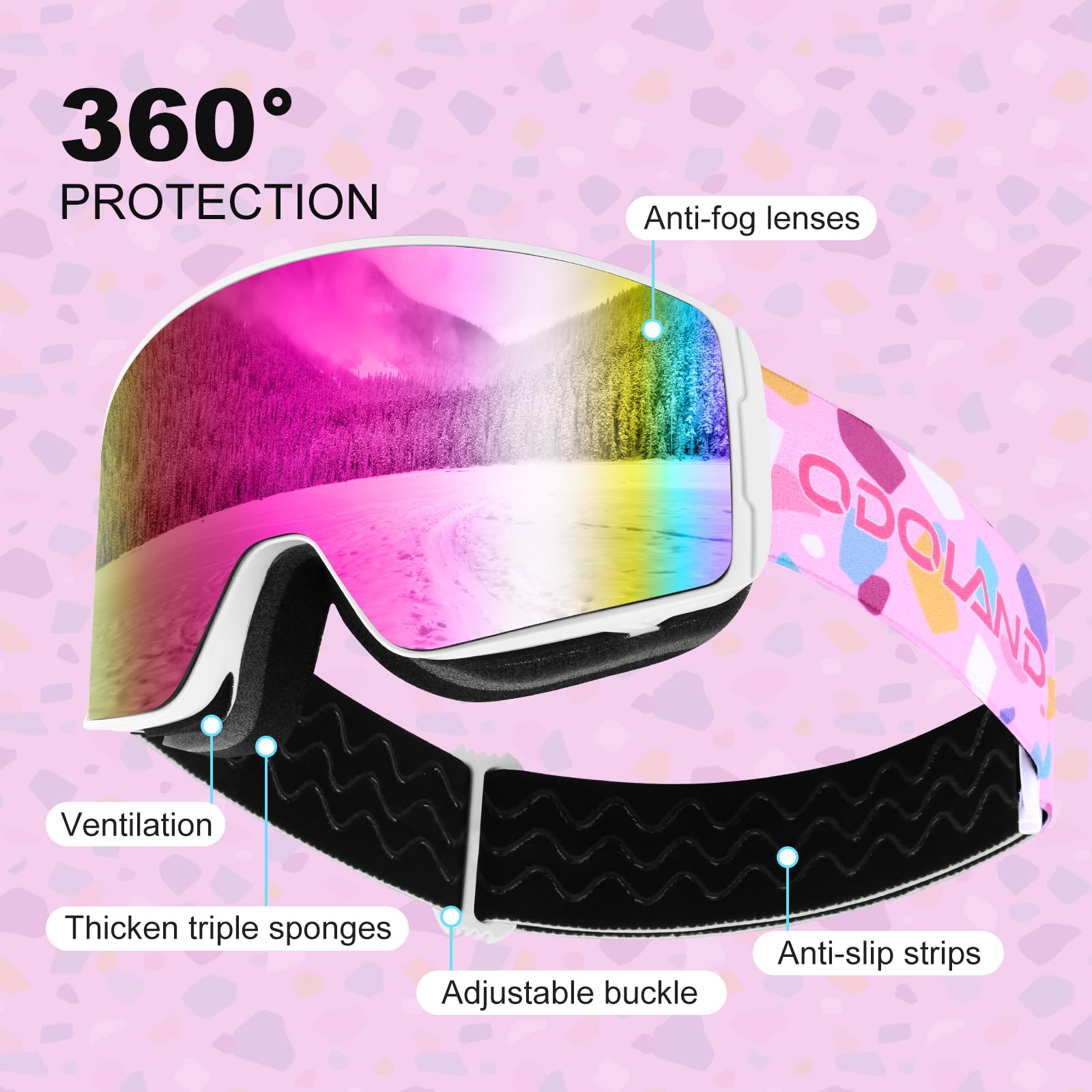 Odoland Occhiali da Sci per Bambini, Occhiali da Snowboard Cilindrici, Anti-appannamento, Anti-UV, Antivento a Vista Larga per Ragazzi e Ragazze, compatibili con Casco