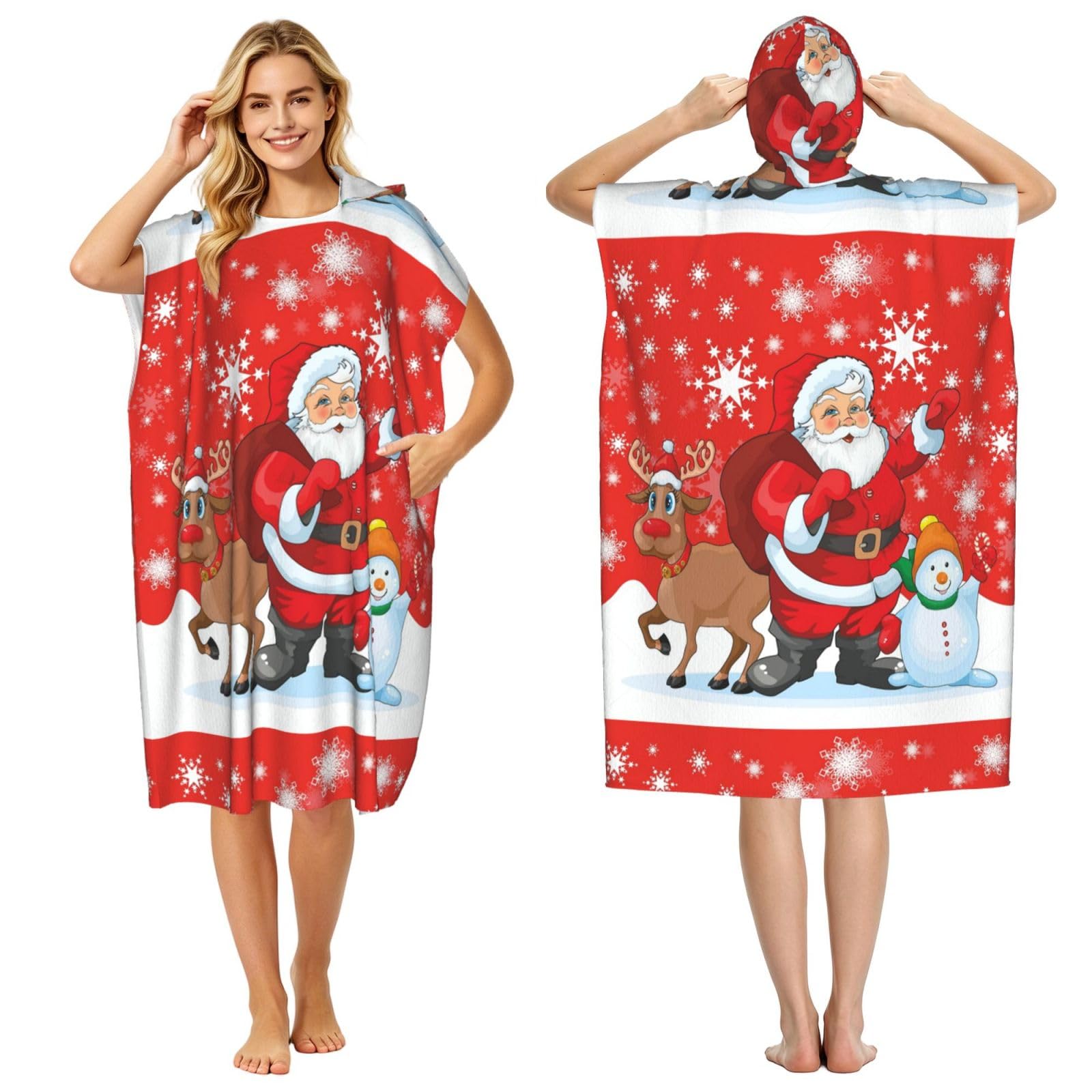 Poadnly Santa Reindeer And Snowman With Snowflake Printed, Adult Hooded Beach Towel 90 x 110 cm,Changing Bath Robe, Surf Poncho Towel For Women Men