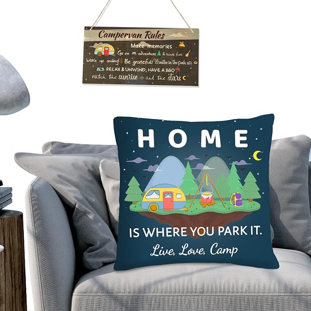 Campervan Decorations Set Includes Wooden Camping Rules Sign and Home is Where Park It Cushion Cover for Travel Camping Home Accessory