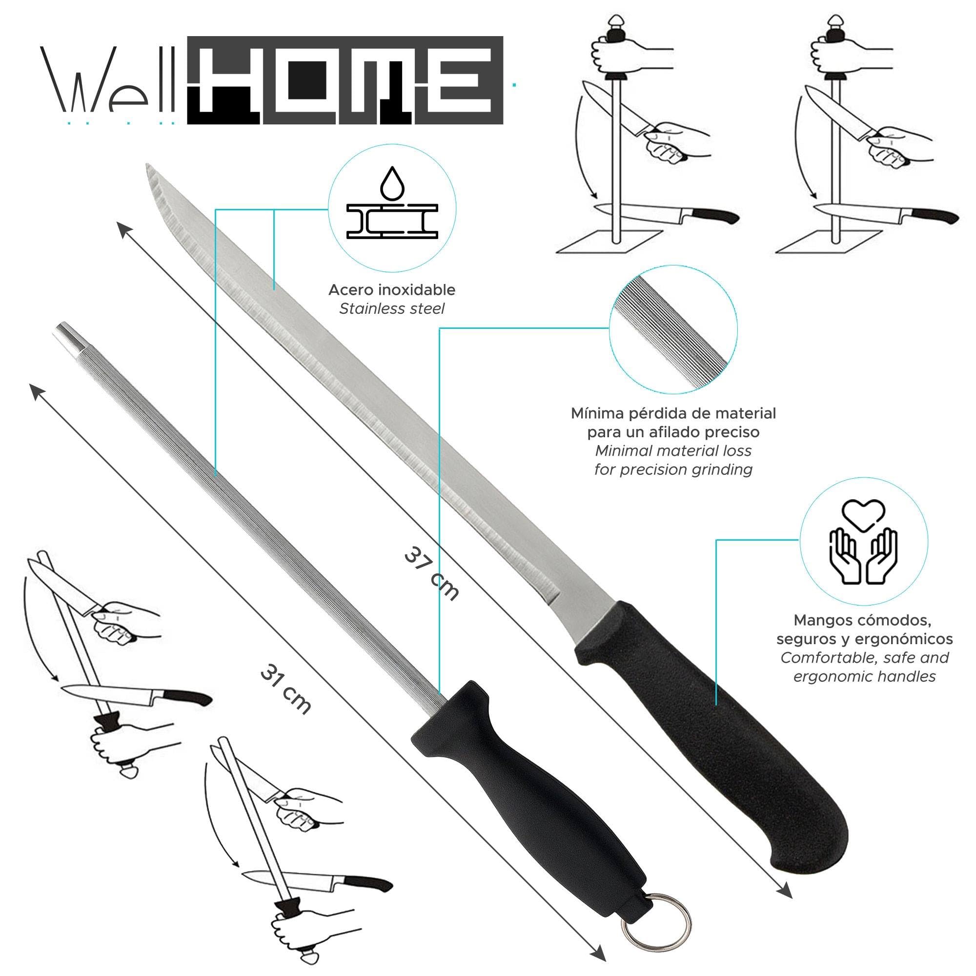 Well Home IBERIA Luxe szynka na szynkę z drewna i stali nierdzewnej + zestaw noży szynkowych (25 cm) i Chaira (21 cm) + etui na szynkę "Tiberic" bordowy