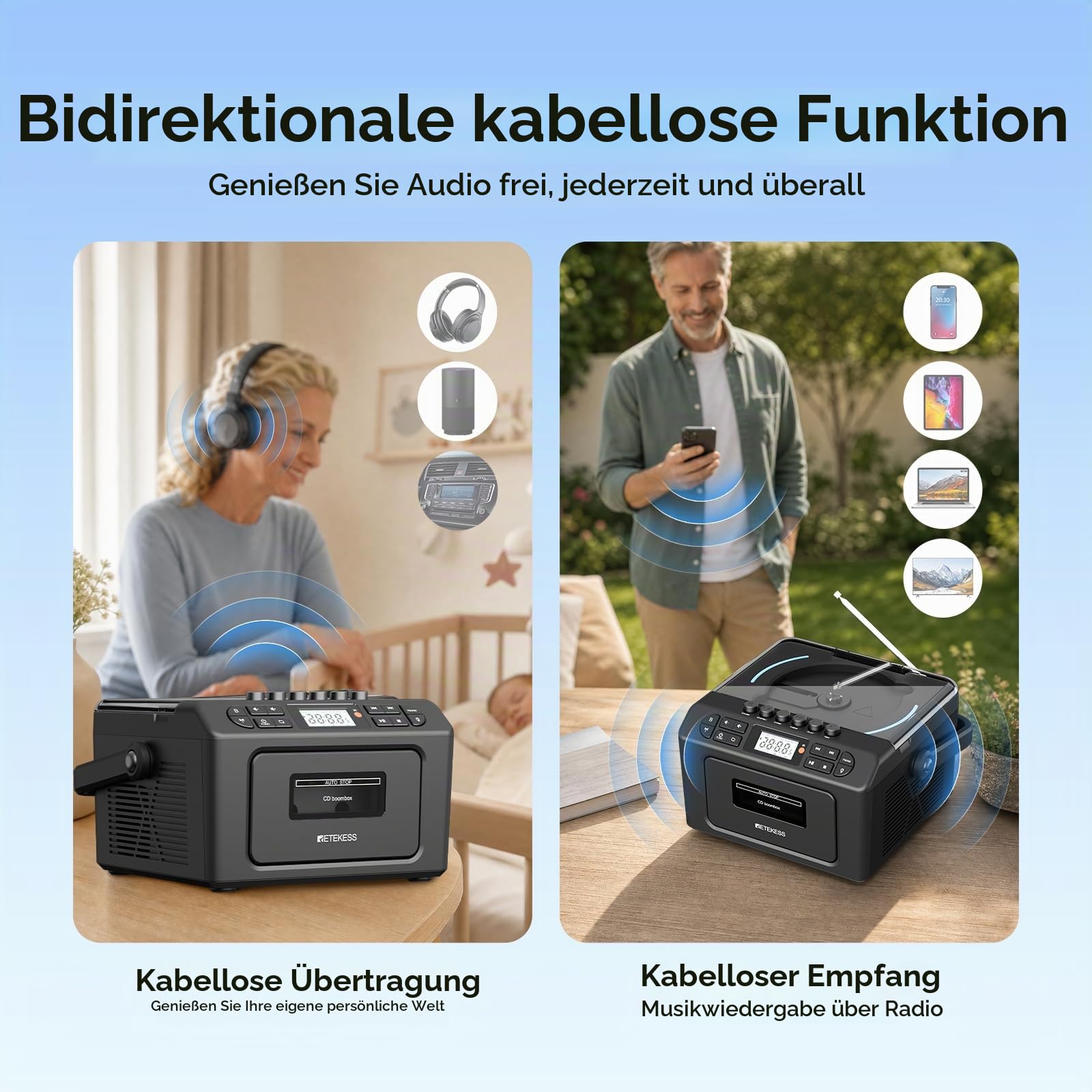 Retekess TR642 CD Player mit Kassette, Boombox Kassettenspieler