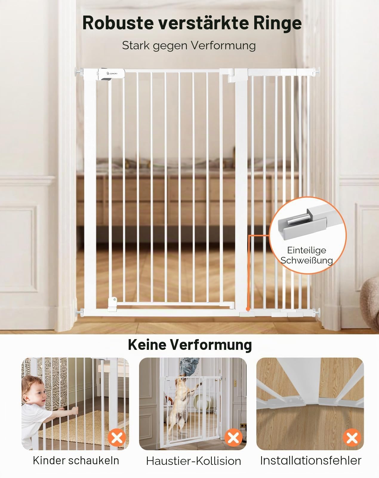 COMOMY 107 cm Extra Hoch Türschutzgitter, 75-110 cm Breit Treppenschutzgitter ohne Bohren, Türgitter für Baby, Kinder, Hund und Katze, Metall, Automatisches Schließen, 90°Stop (Weiß)