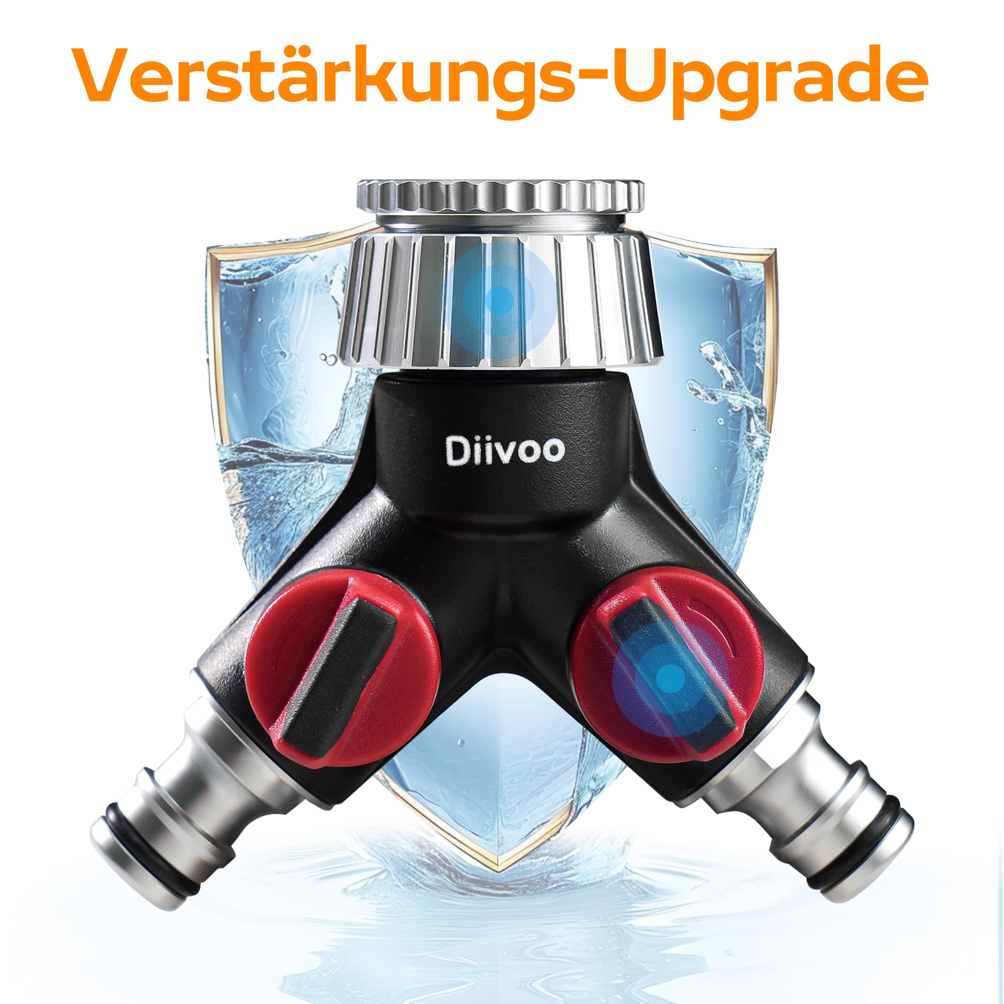 2-Wege-Wasserhahn-Verteiler Aus Metall – Für Gartenschläuche, Mit 360° Drehbarem Kopf, Inkl. Adapter