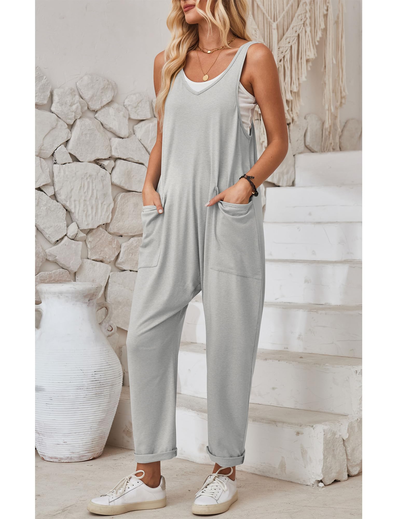 Maeau - Peto para Mujer de Punto Casual con 2 Grandes Bolsillos Mono Pantalón Ancha Peto Jumpsuit Holgado sin Mangas Mono Largo Pantalones S-XXL