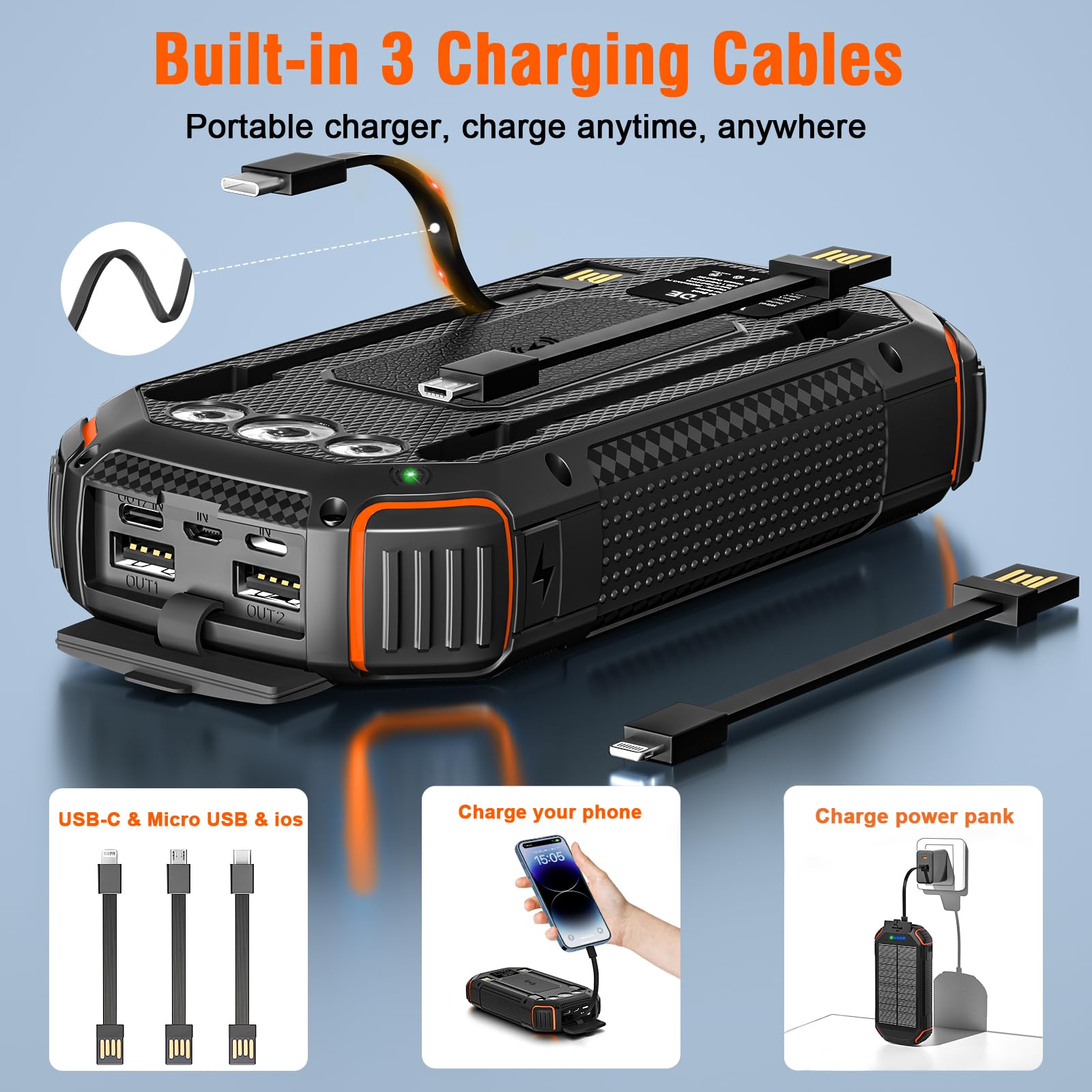 Senza fili Power bank Solare da 26800mAh con 3 Cavi Integrati e Luci da Campeggio, USB-C PD 15W 3A con 4 Uscite e 3 Ingressi, power bank Solare per iPhone, Samsung, Smartphone