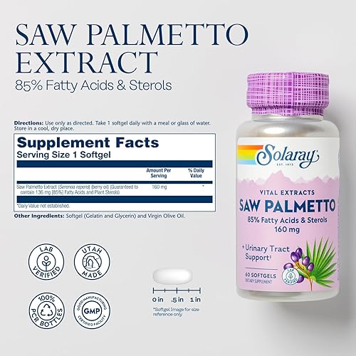Miniatura 2 de SOLARAY Extracto de Saw Palmetto - Salud de próstata y apoyo del tracto urinario - 136 mg de ácidos grasos y esteroles - Verificado en laboratorio,