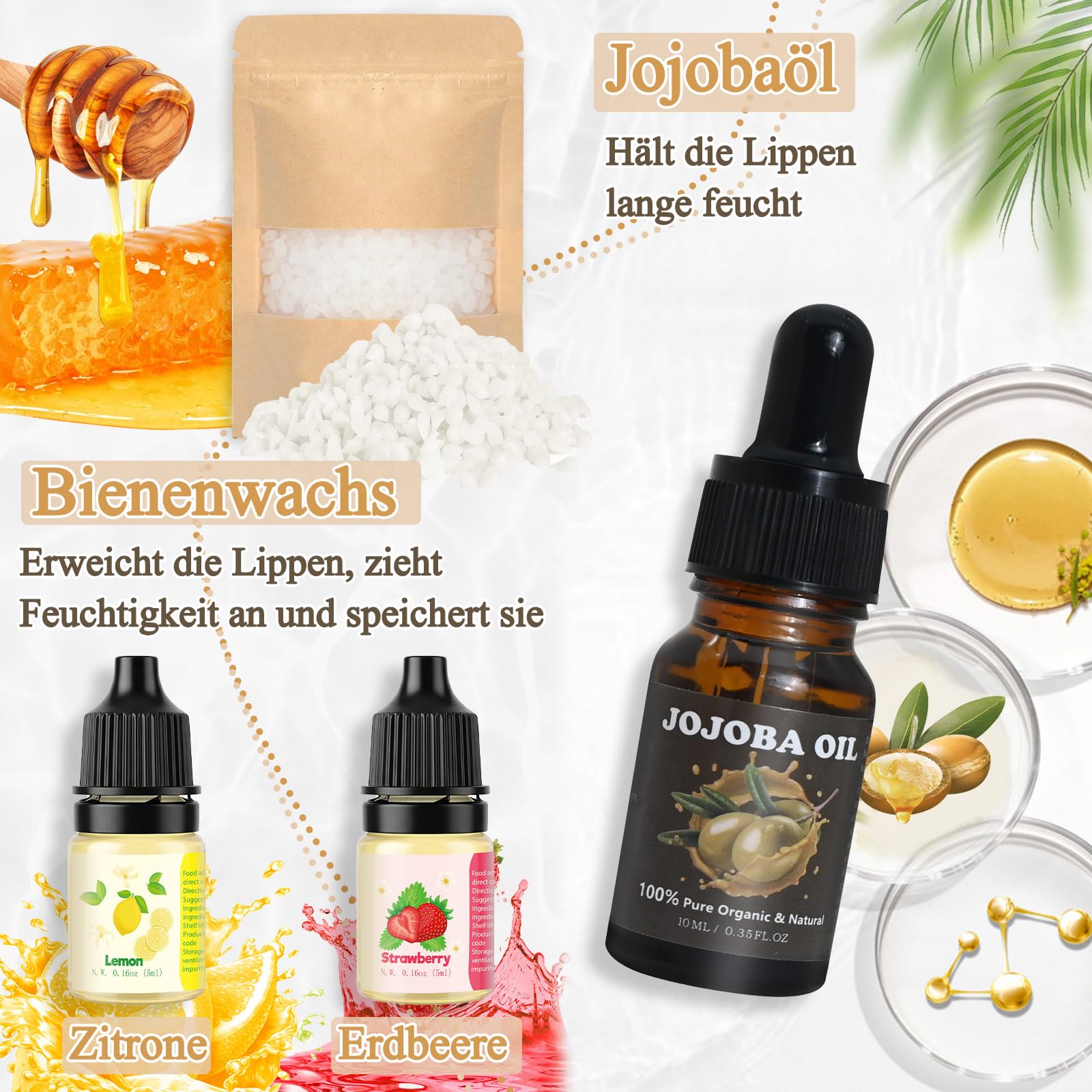 Lipgloss Selber Machen, JUYRLE Lippenbalsam Making Kit, Feuchtigkeitsspendend Kokosöl Mädchen Lippenpflege Lippenstift DIY Herstellungsset Set, Einfaches Kosmetik Make Up Geschenk für Frauen/Damen