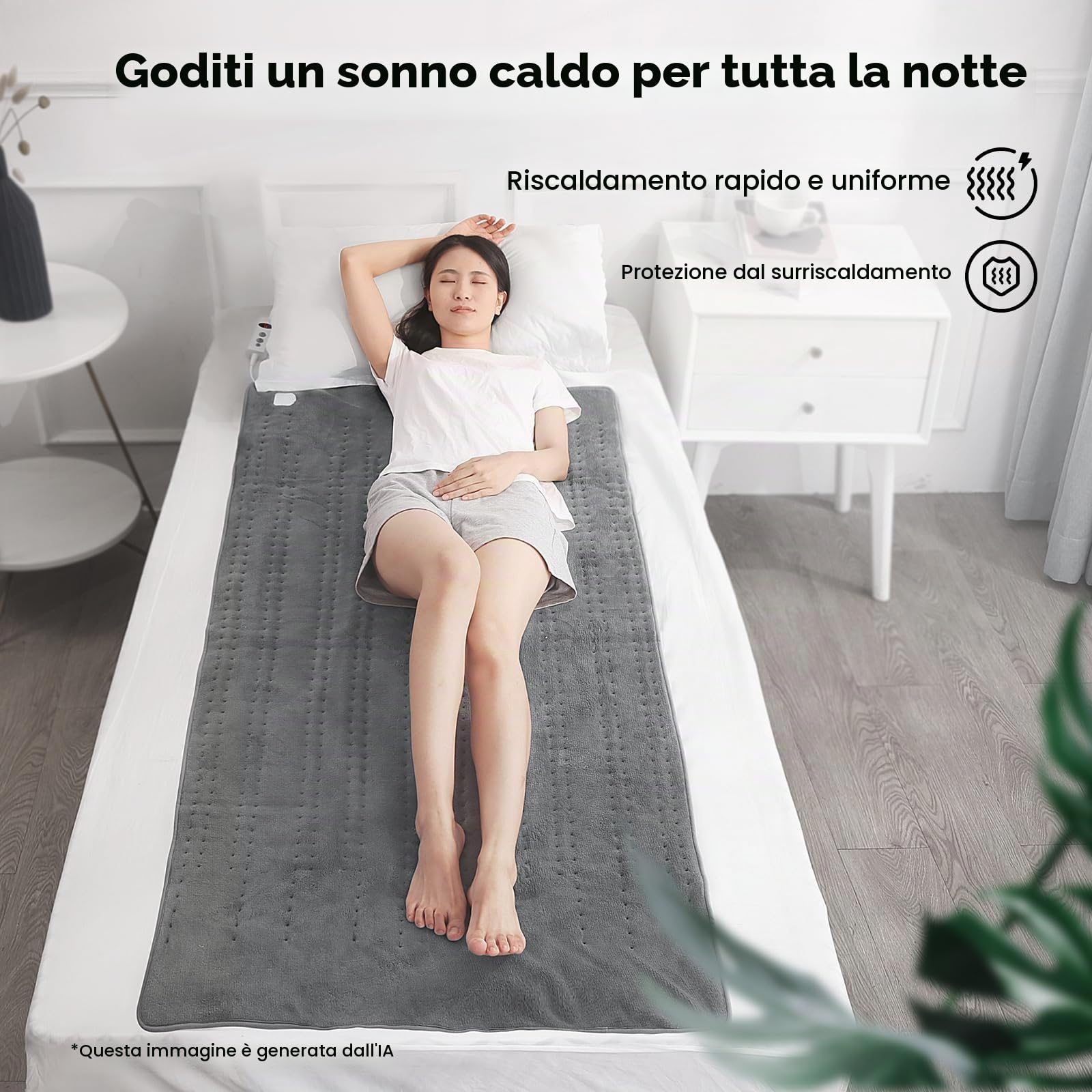 Sottocoperta Elettrica 150 x 80 cm, 10 Livelli di Temperatura e 1-9 Ore di Spegnimento Automatico, Facile Fissaggio su Letto e Materasso, Lavabile in Lavatrice