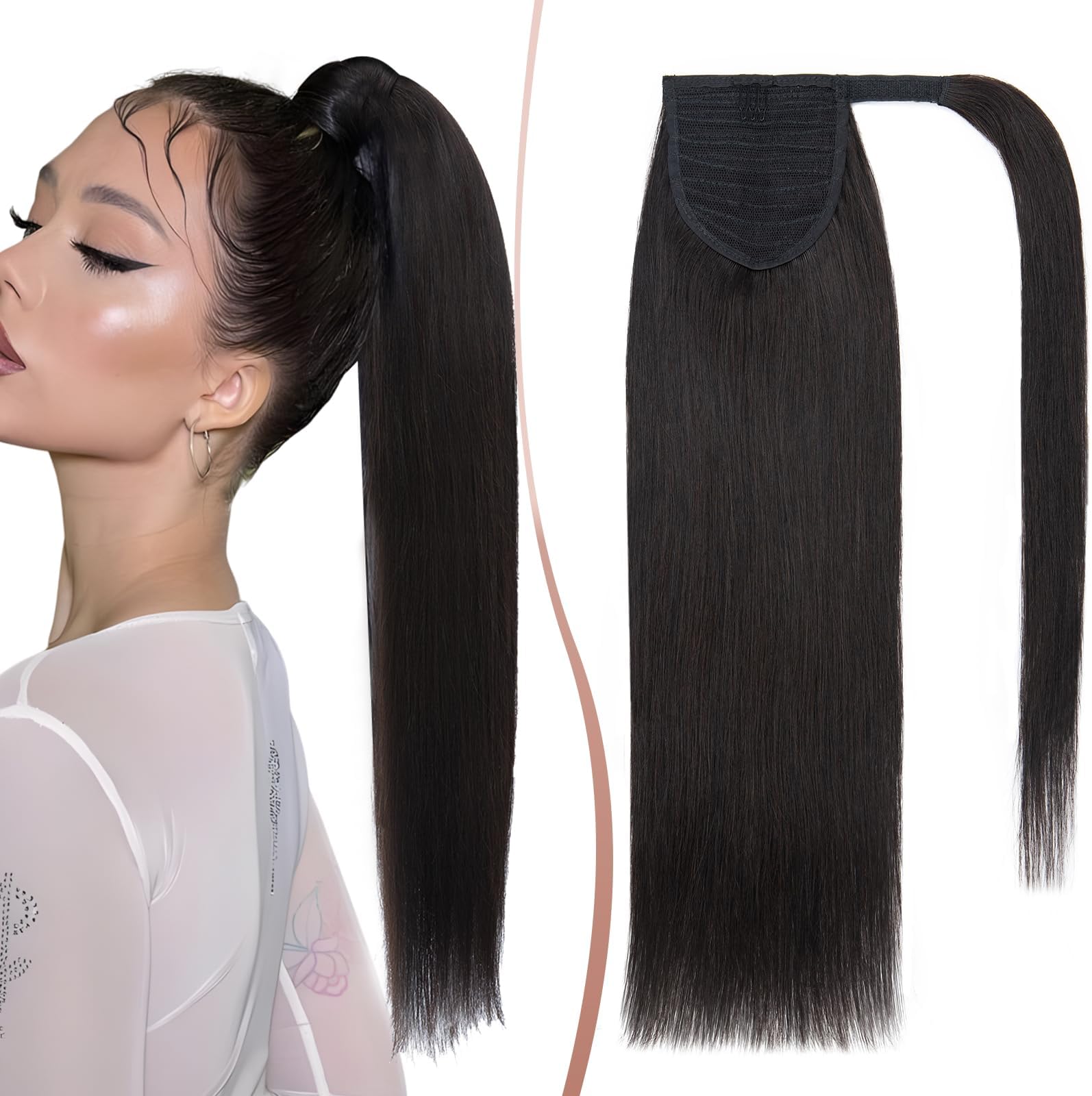 Elailite Human Hair Ponytail Extension Straight - Wrap Around Clip in Real Hair Ponytail 100% Remy Hair (#1B Natural Black, 14 Inch)