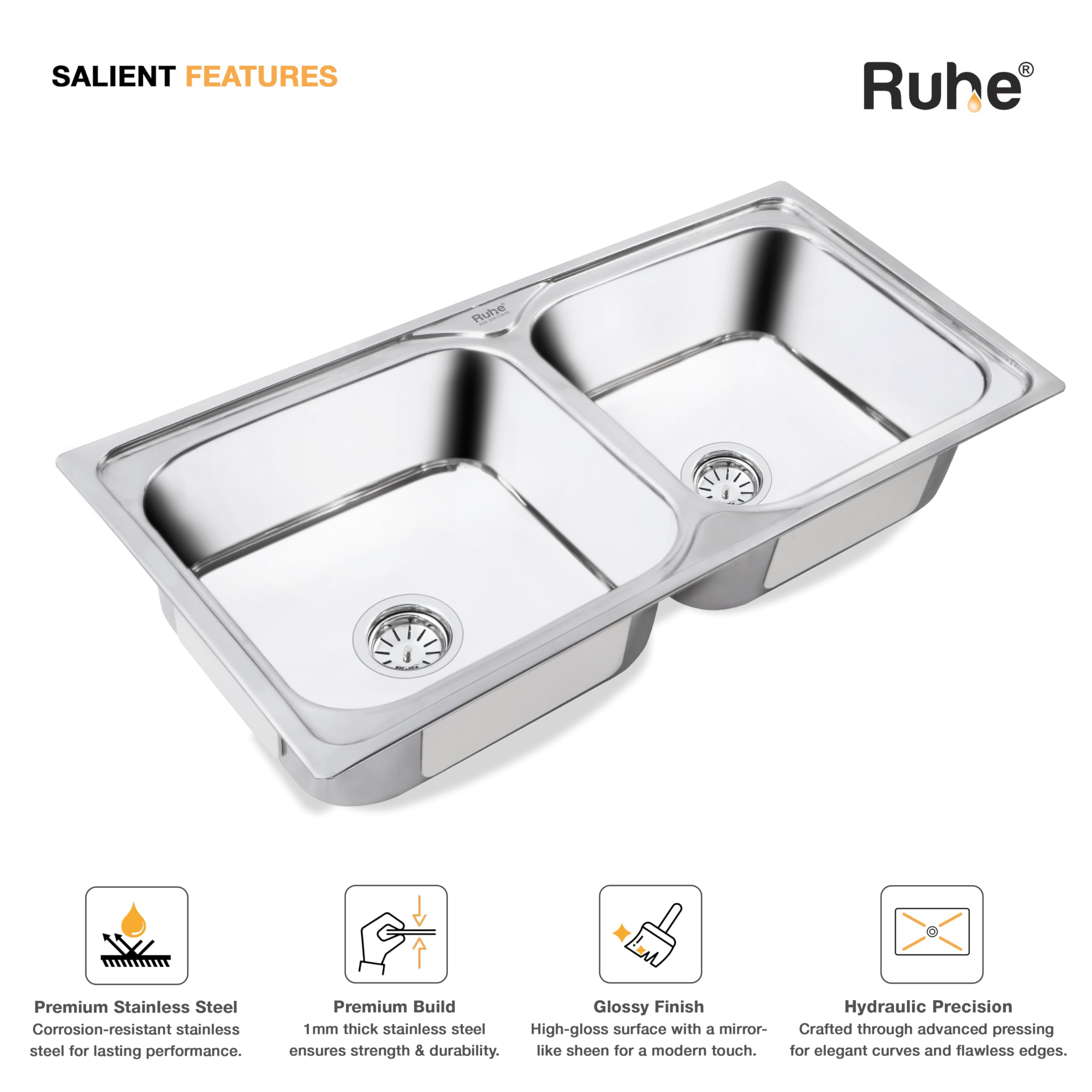 Ruhe® Square Double Bowl 37 x 18 x 8 inches Kitchen Sink | 304-Grade Stainless Steel Square Double Bowl Kitchen Sink | Glossy Finish | Included 2 Sink Coupling, Waste pipe and Double Bowl Connector 1