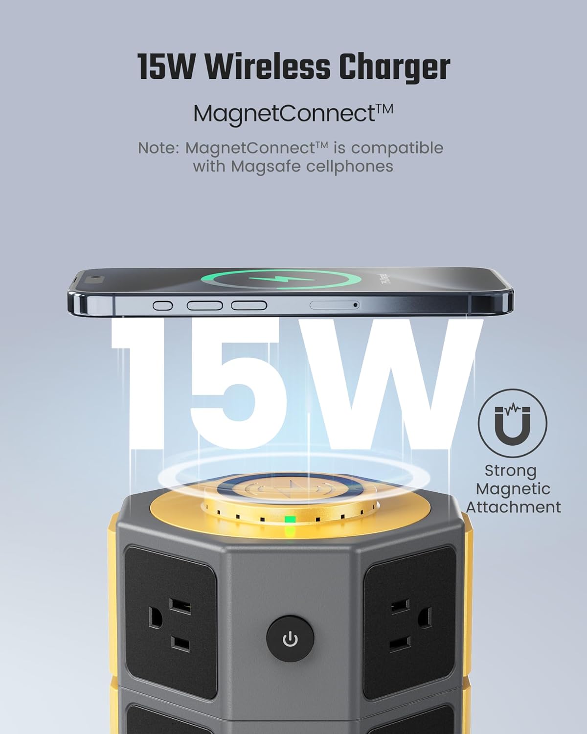 Smartphone wirelessly charging on top of the SUPERDANNY Power Strip Tower