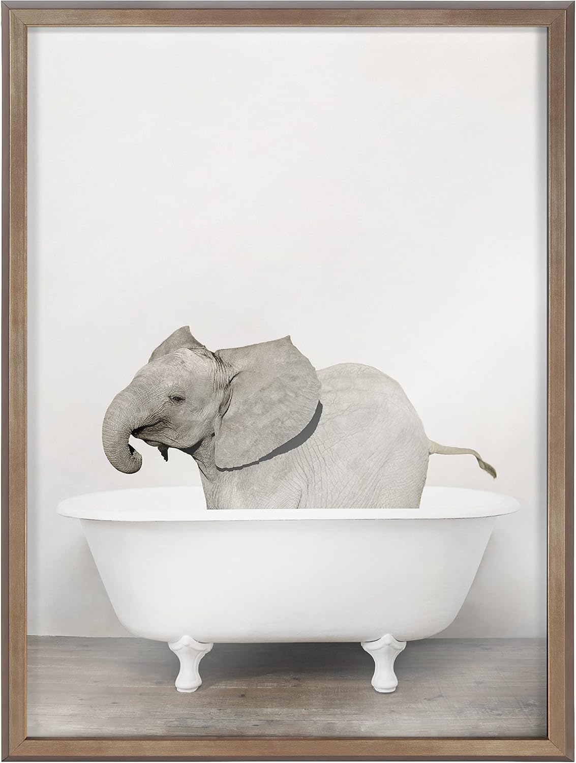 Kate and Laurel Blake Baby Elephant in the Tub Color Framed Printed Glass Wall Art by Amy Peterson Art Studio, 18 x 24 Gold, Decorative Animal Bathroom Art
