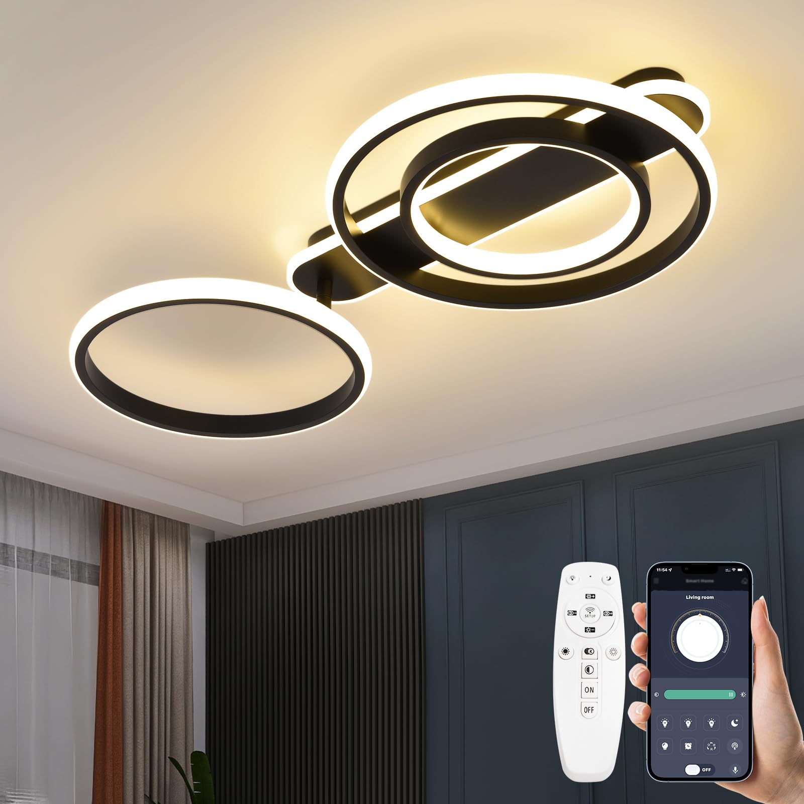 36W Dimmbar Deckenlampe Mit Fernbedienung APP,Einstellbar Ringform,Schwarz