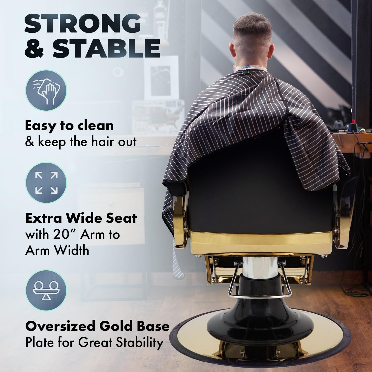 Buy-Rite Zeus Professional Heavy-Duty Barber Chair - Extra Wide Seat, Adjustable Headrest, Gold Metal Frame, Gold Diamond Stitching, Black Vinyl Upholstery - Model YLG-8776-7GD
