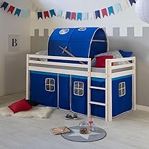Homestyle4u 2563 Children's Bed 90 x 200 cm White Blue Cabin Bed with Stairs Slatted Frame Curtain Tunnel Bed Frame Wood Pine Children's Room