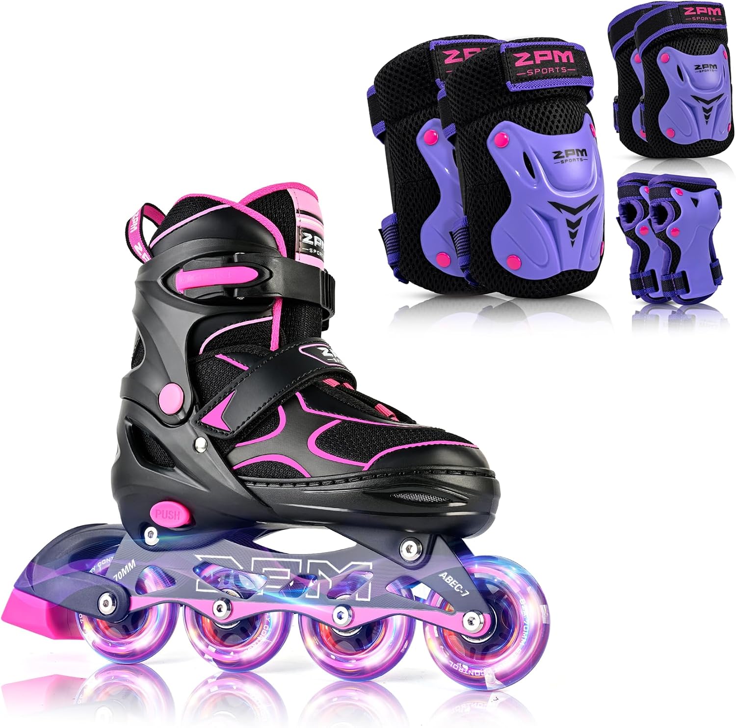 2PM SPORTS Pink M Inline Skates & Purple M Protective Gear Set