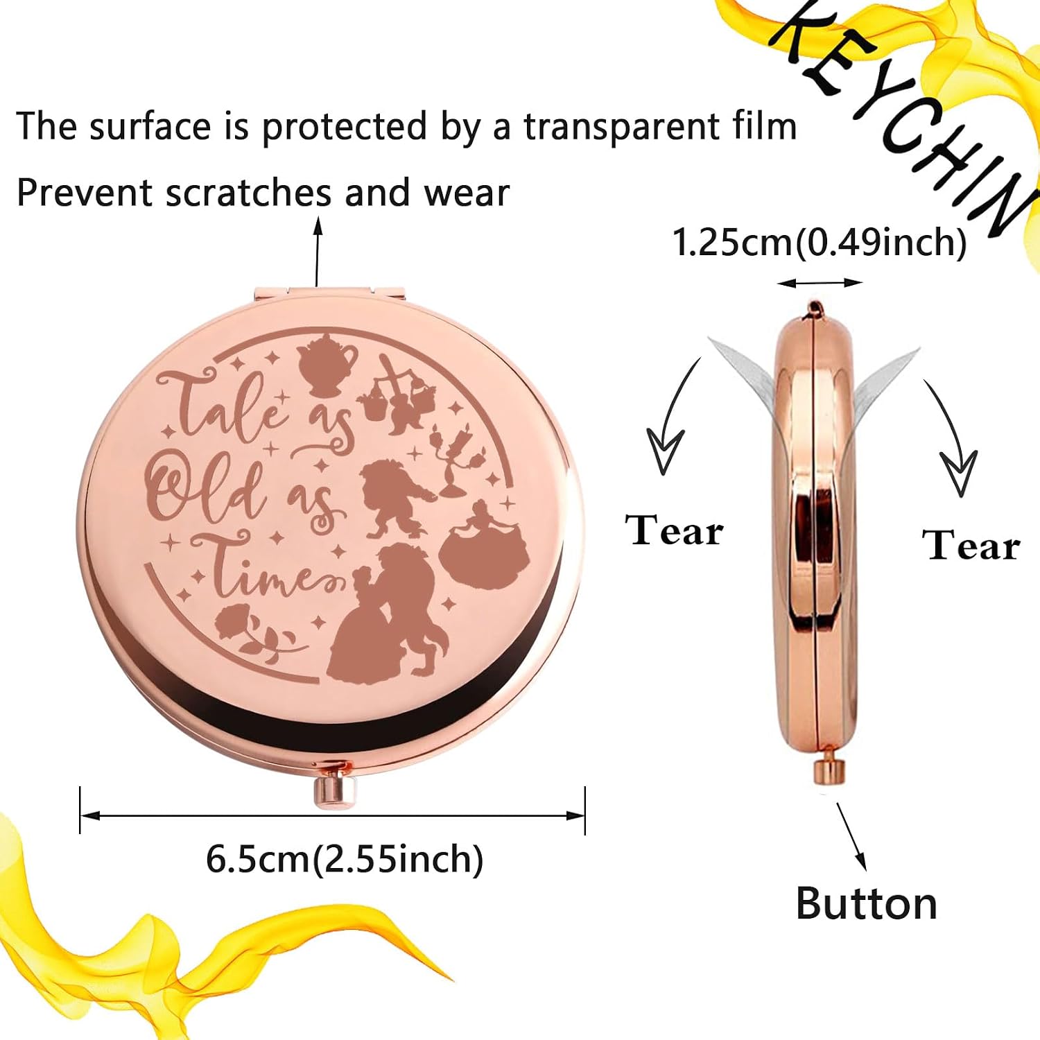KEYCHIN Princess Beauty Pocket Mirror Princess Rose Gifts Tale As Old As Time Compact Makeup Mirror Fairytale Movie Merch (Tale As Old-RG)