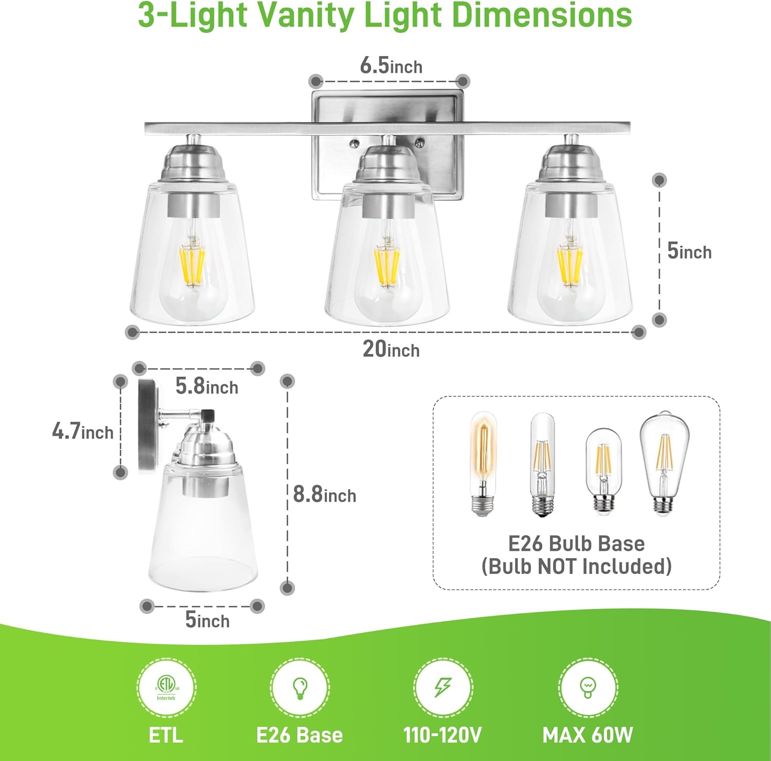 Image showing all 5 pieces of the hykolity bathroom set: 3-light vanity light, towel bar, towel ring, toilet paper holder, and robe hook.