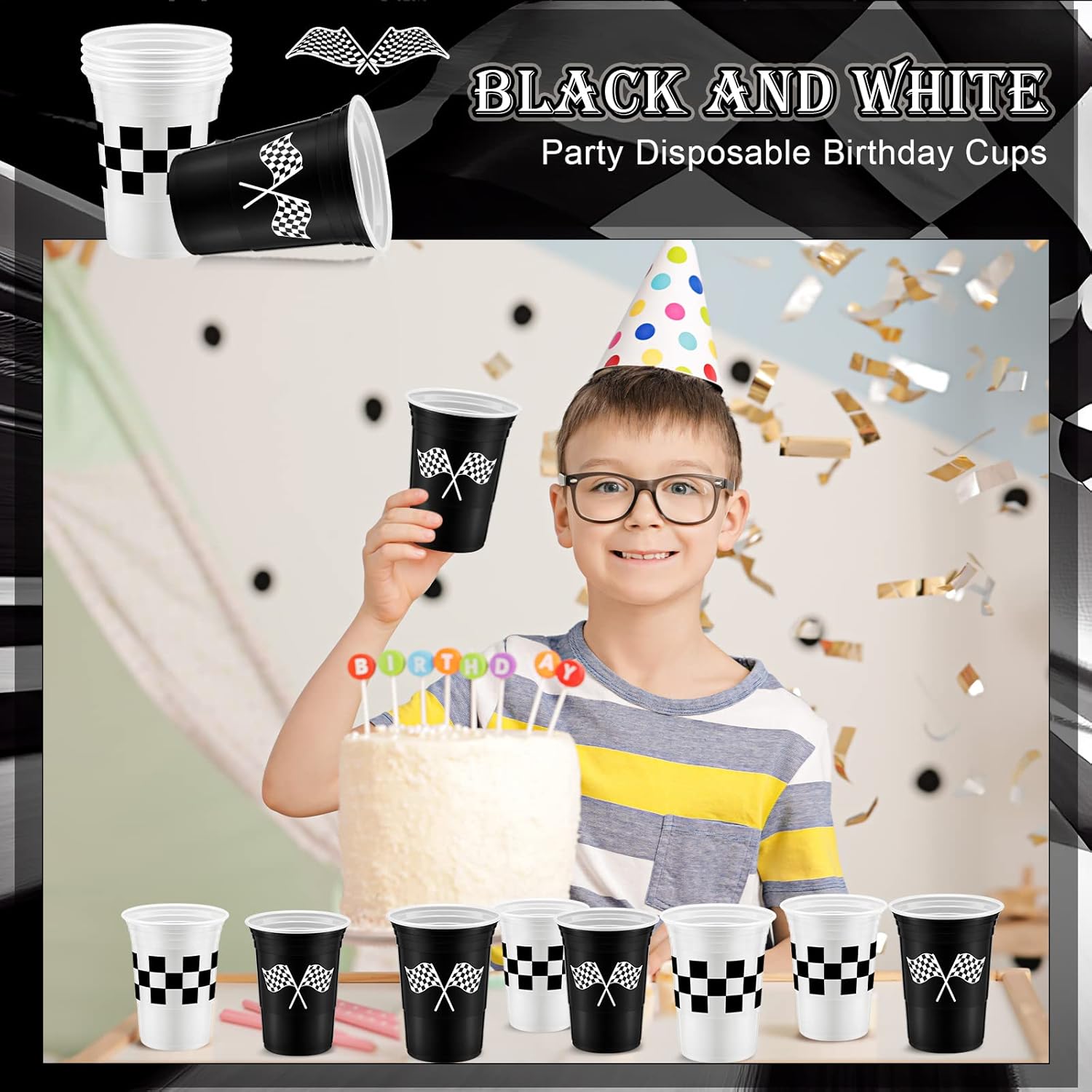 Norme 48 Pcs Checkered Cups Checkered Flag Party Supplies Bulk 16 oz Disposable Race Car Cups Thick White Black Cup for Racing Themed Birthday Party - Image 5