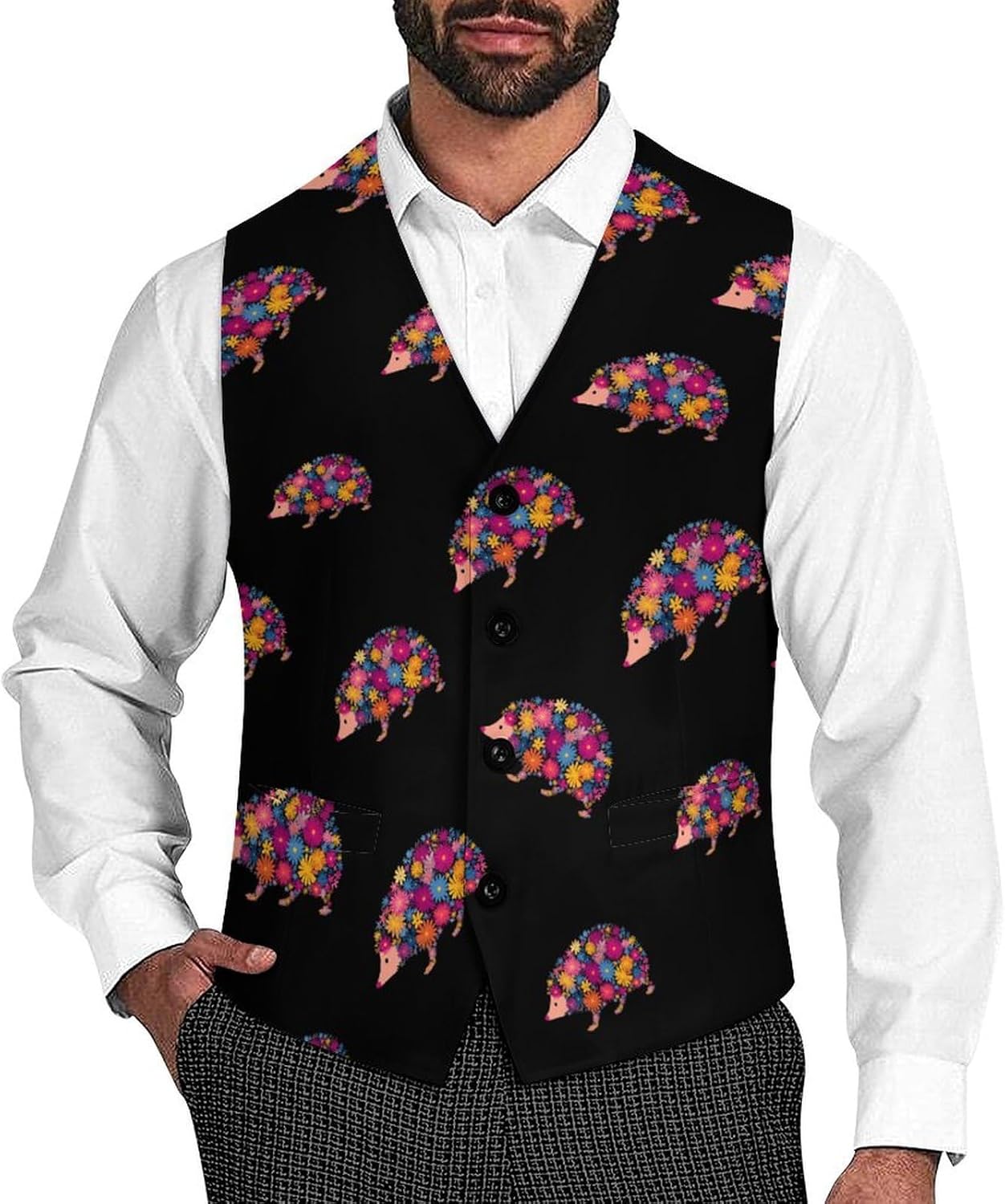 Flower Hedgehog Casual Men's Business Suit Vest Slim Fit Formal Dress Waistcoat Vests