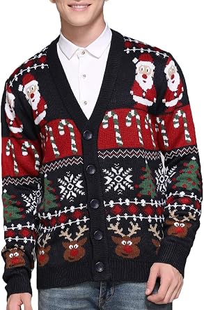 Mens Christmas Rudolph Reindeer Holiday Festive Knitted Sweater Cardigan Cute Ugly Pullover Jumper