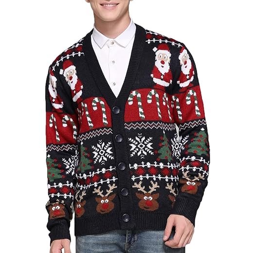 Men's Christmas Rudolph Reindeer Holiday Festive Knitted Sweater Cardigan Cute Ugly Pullover Jumper