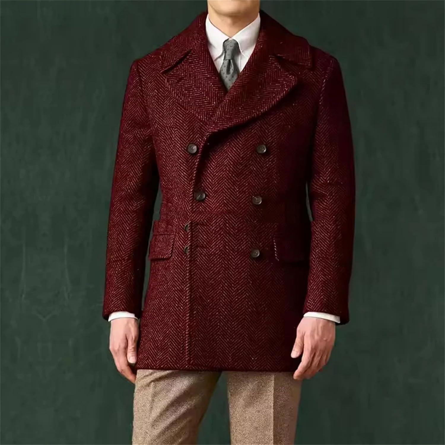 Men's Herringbone Jacket Woolen Long sleeves Elegant Suit Blazers Double Breasted Classic Style Coats