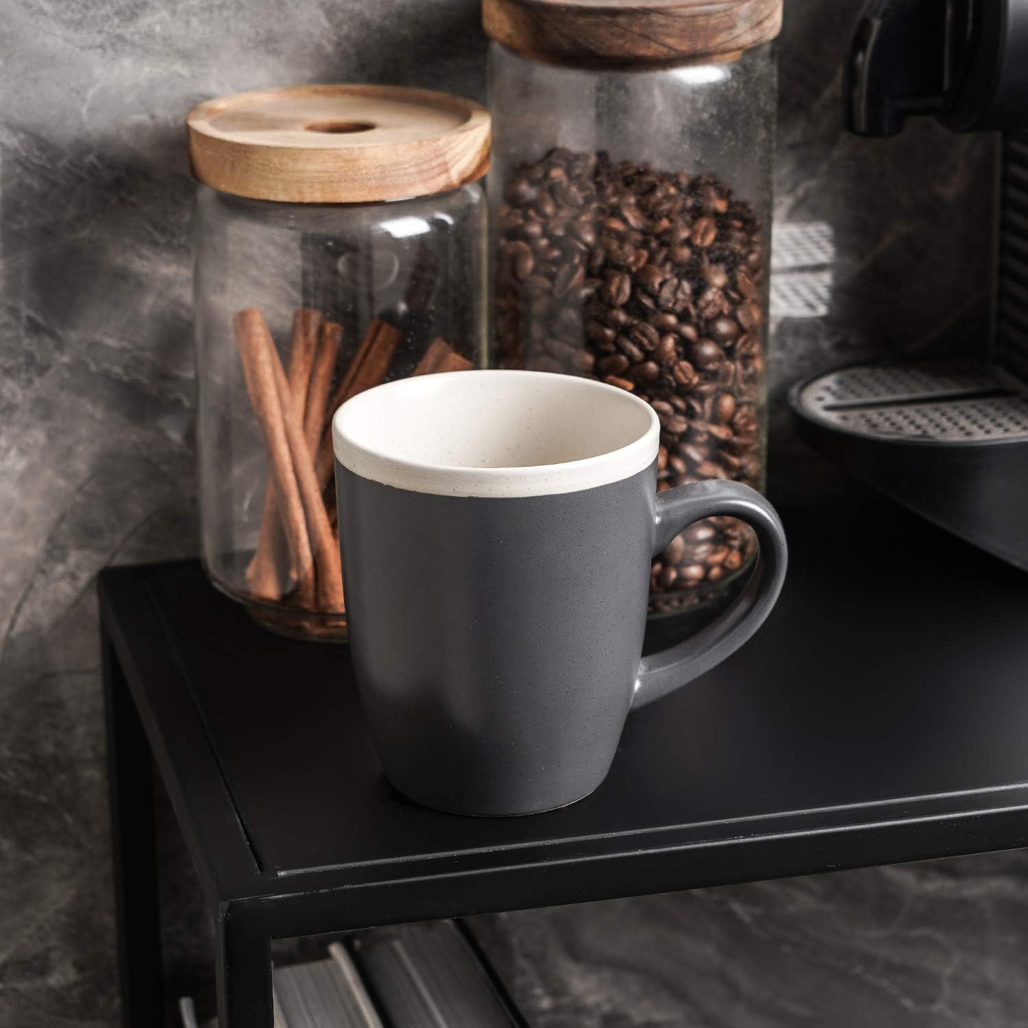 Stone Lain Serenity Stoneware Dish Set, 4 Mugs, Dark Gray and Cream