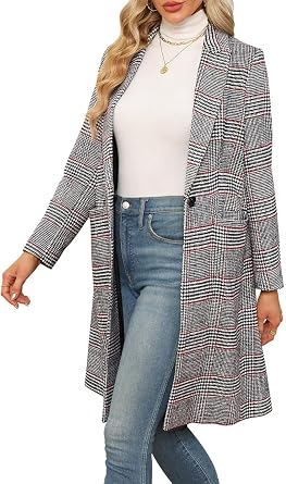 CHICZONE Womens Notch Lapel Wool Blend Pea Coat Single Breasted Long Plaid Jacket Winter Houndstooth Coat 3XL