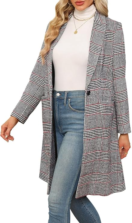 CHICZONE Womens Notch Lapel Wool Blend Pea Coat Single Breasted Long Plaid Jacket Winter Houndstooth Coat 3XL