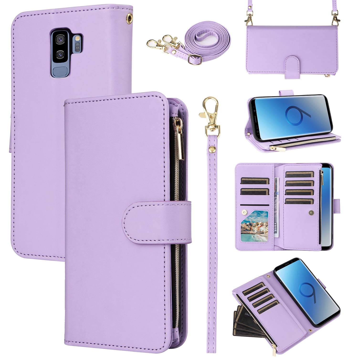 Furill Wallet Case for Samsung Galaxy S9 Plus with Wrist Strap Crossbody Shoulder Strap Leather Flip Zipper Purse Card Holder Slots Protector Stand
