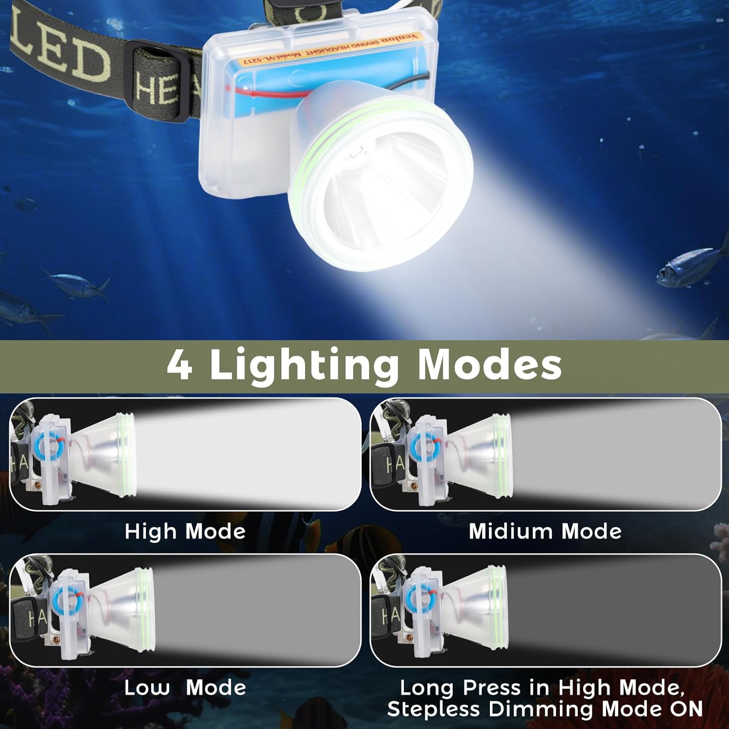 Rechargeable Diving Headlamp, 4 Modes, 20H Runtime, Lightweight Scuba Dive Light, 4000mA Battery with USB Charger Cable