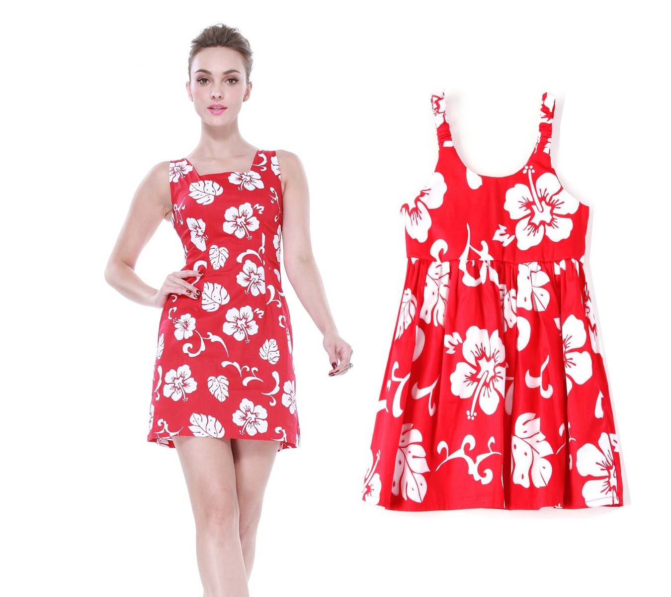Matching Mother Daughter Hawaiian Luau Outfit Lady Tank Dress Girl Dress PW Red Hibiscus