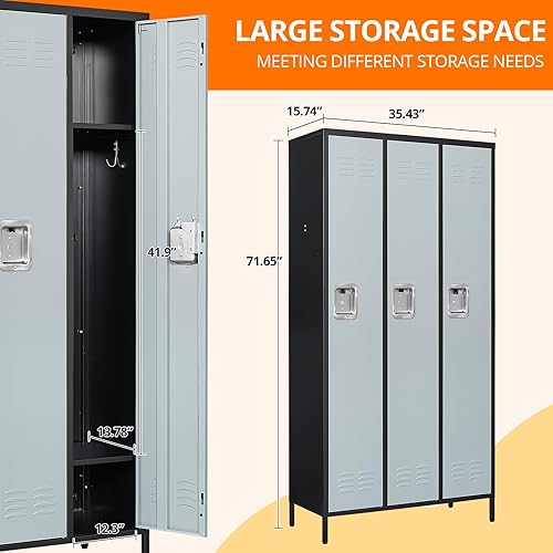 Miniatura 3 de NODHM Armario de almacenamiento de metal grande para empleados con 3 puertas, armario de metal de 72 pulgadas de alto para escuela, hogar,