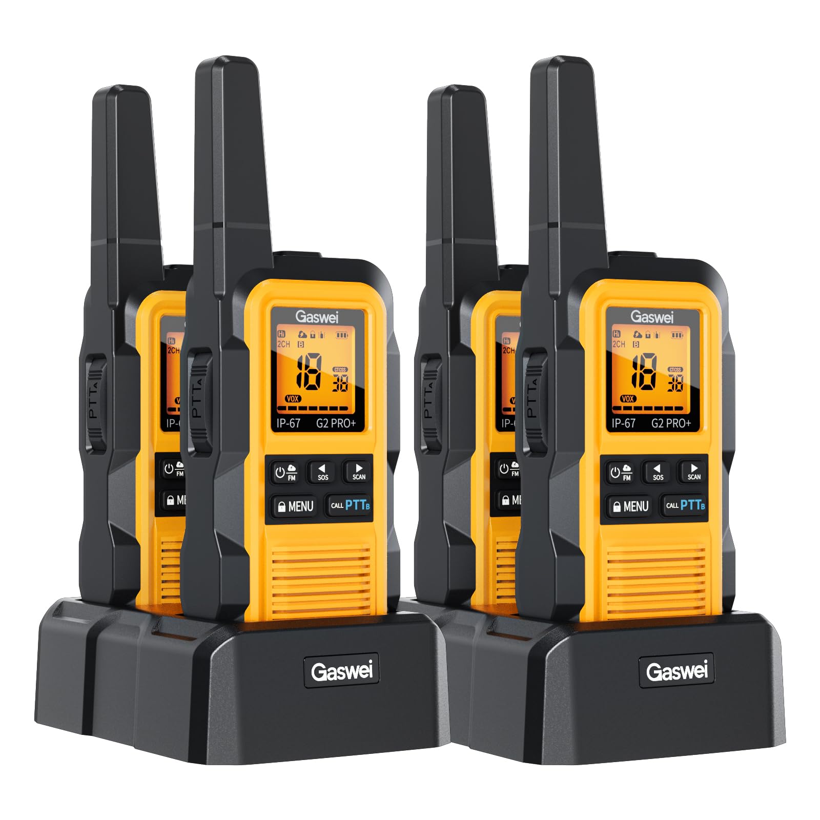 Gaswei G2Pro+ IP67 Waterproof Floating Walkie Talkies Long Range with Double PTT,FM Radio,VOX,SOS & NOAA Weather,Rechargeable Two-Way Radios for Adults Farms,Warehouse,Fishing,Camping,Hunting (4 Pack)