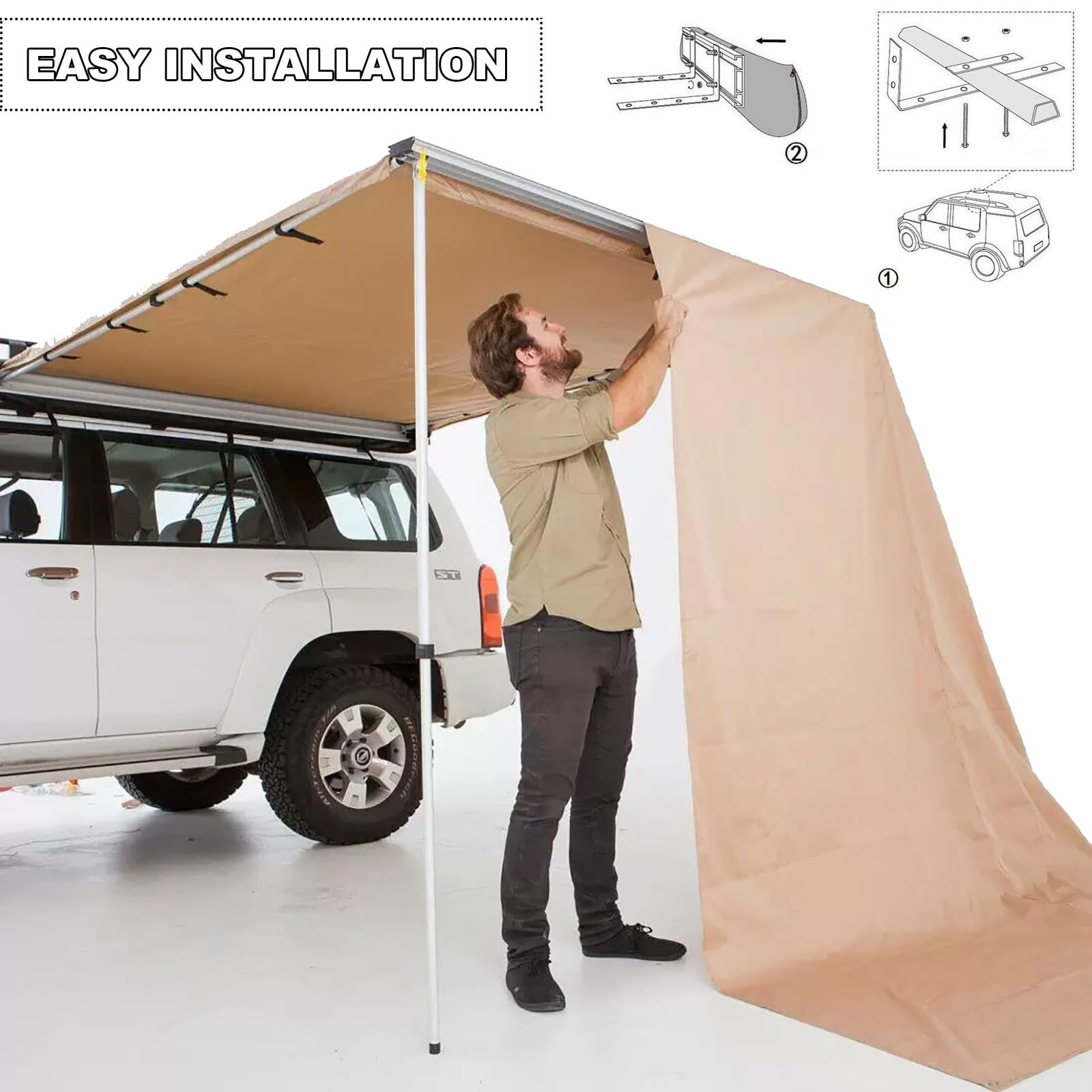 Auto-Markise, einziehbar, UV50+, wasserdicht, Seitenverlängerung, Schatten (200 x 250 cm, 2 x 2,5 m) mit PU3000 mm Schutz und Aufbewahrungstasche für Outdoor-Camping Sport & Freizeit