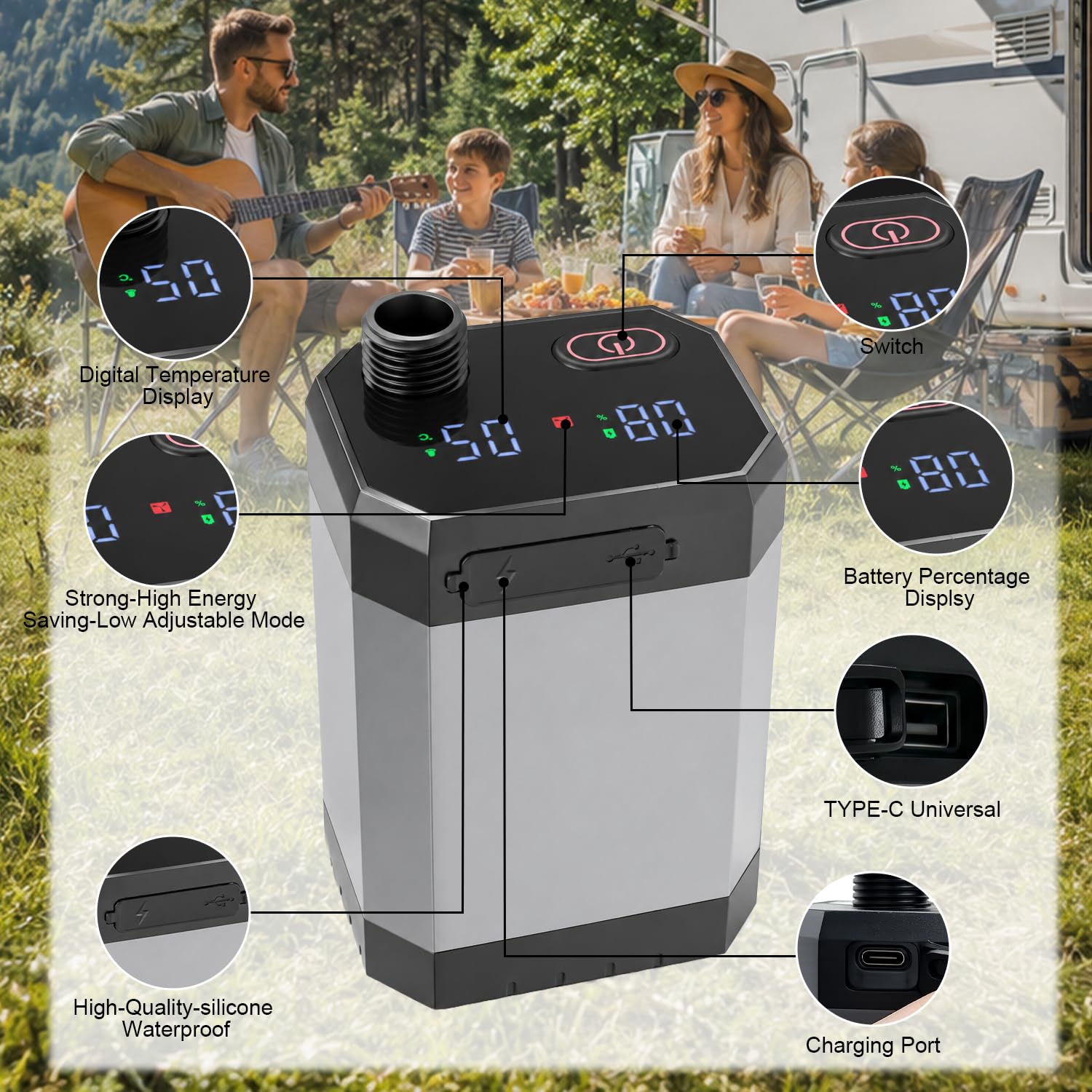 Douche de camping portable, pompe à eau rechargeable à piles pour douche en plein air, camping, randonnée, voyage, douche électrique 12 V avec fort débit d'eau, légère et facile à utiliser pour le