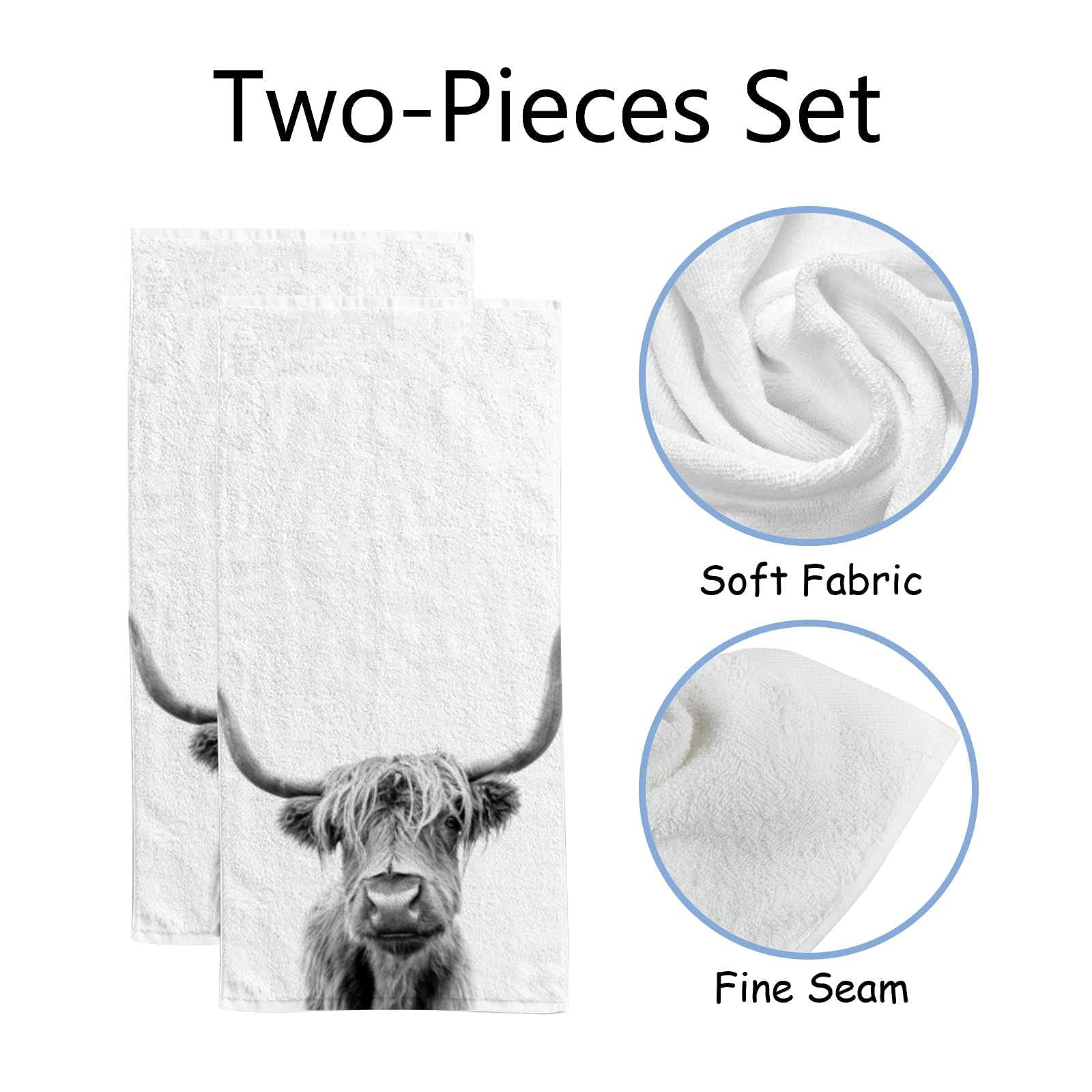Vantaso Scottish Highland Cattle Fingertip Hand Towels 2 PCS Set Absorbent Bath Face Towels Soft Hair Drying Cloth for Bathroom Kitchen Gym Spa Quick Dry, 30
