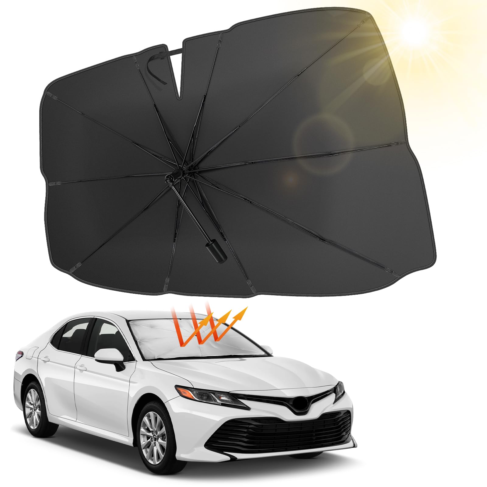 JOYTUTUS Parasol Coche Delantero, Parasol Plegable Coche con Barra Ajustable, Paraguas Parasol Coche Parabrisas Anti UV Rayos, para la mayoría de los Coches,SUV, Camiones (Diseño Patentado UE)