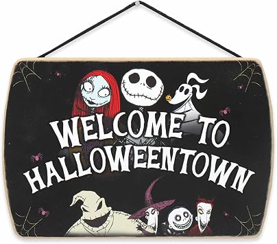 Disney The Nightmare Before Christmas Welcome to Halloween Town Hanging Wood Wall Decor - Fun Halloween Sign for Home