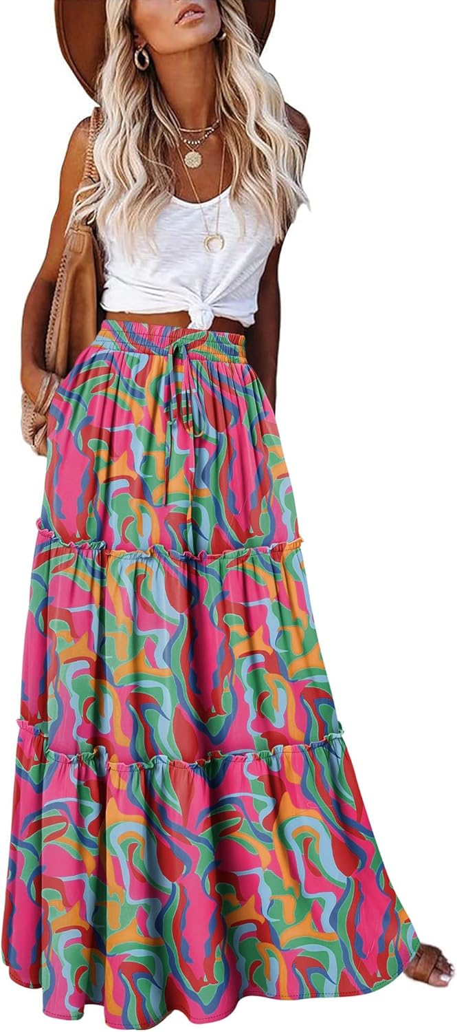 onlypuff Maxi Skirt for Women Boho Western Skirts High Waist Long Skirt with Pockets Fall Festival Outfits Clothing
