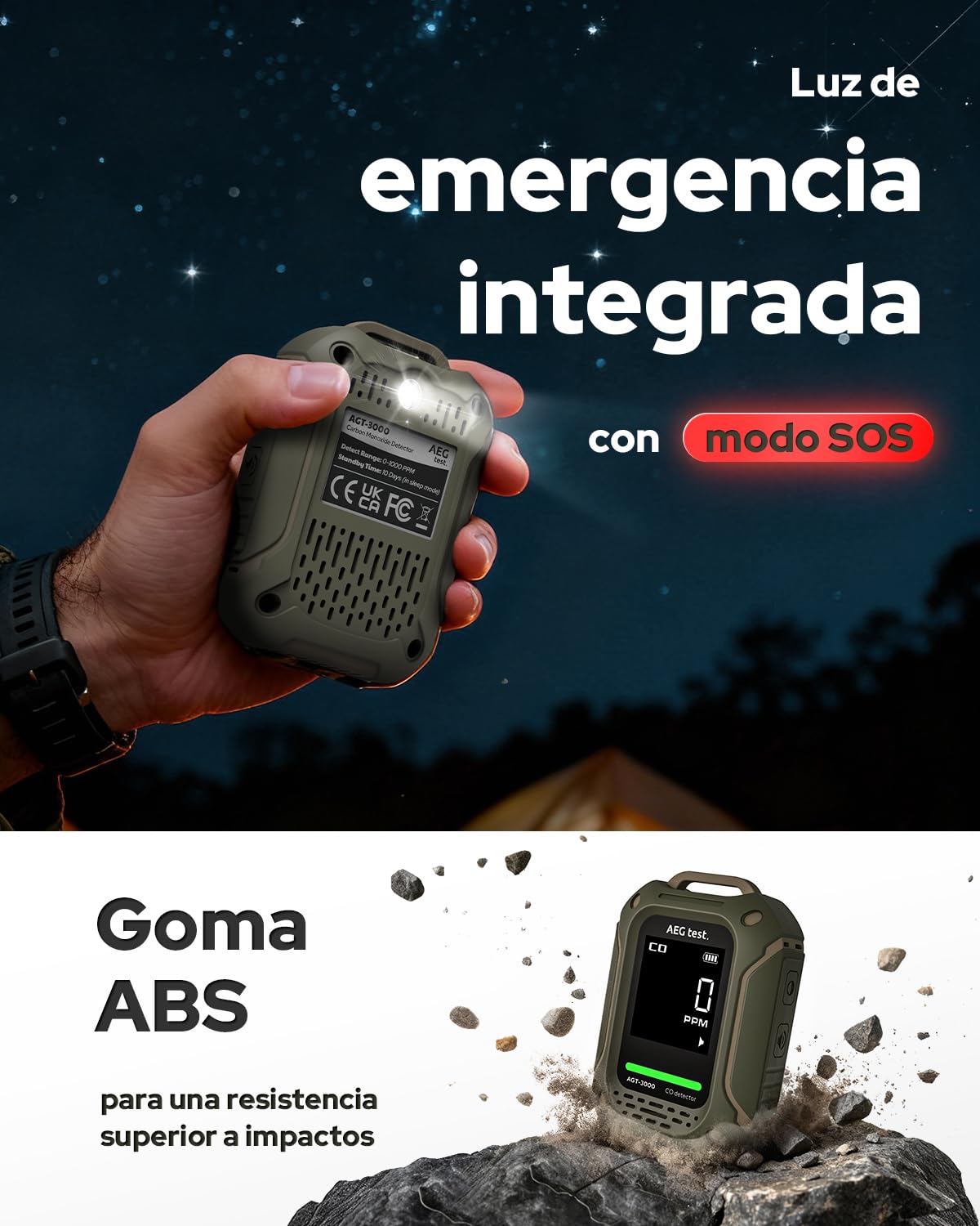 AGT-3000 Detector portátil de monóxido de Carbono, 240 h en Espera, Sensor CO Mejorado para Viajes, Detector CO Recargable con alertas sonoras y visuales, medidor CO para Camping, 0–1000 ppm