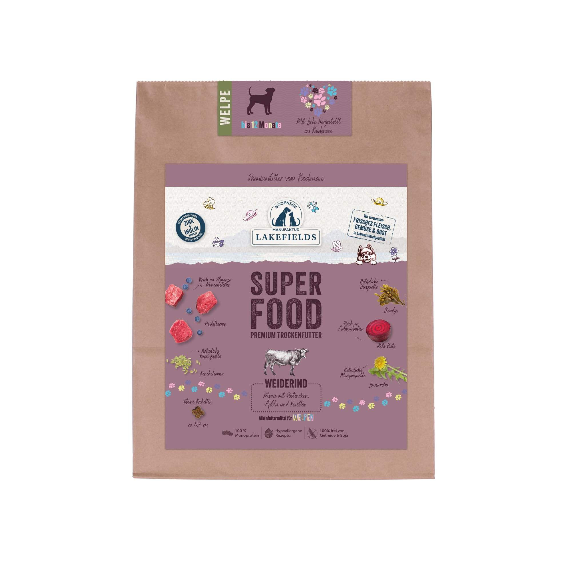 Lakefields SUPERFOOD | Premium Welpenfutter trocken | 61% Rind | 4 x 1kg | Getreidefreies Trockenfutter für Welpen | Mit Löwenzahn, Leinsamen & Roter Beete | Von Tierärzten entwickelt