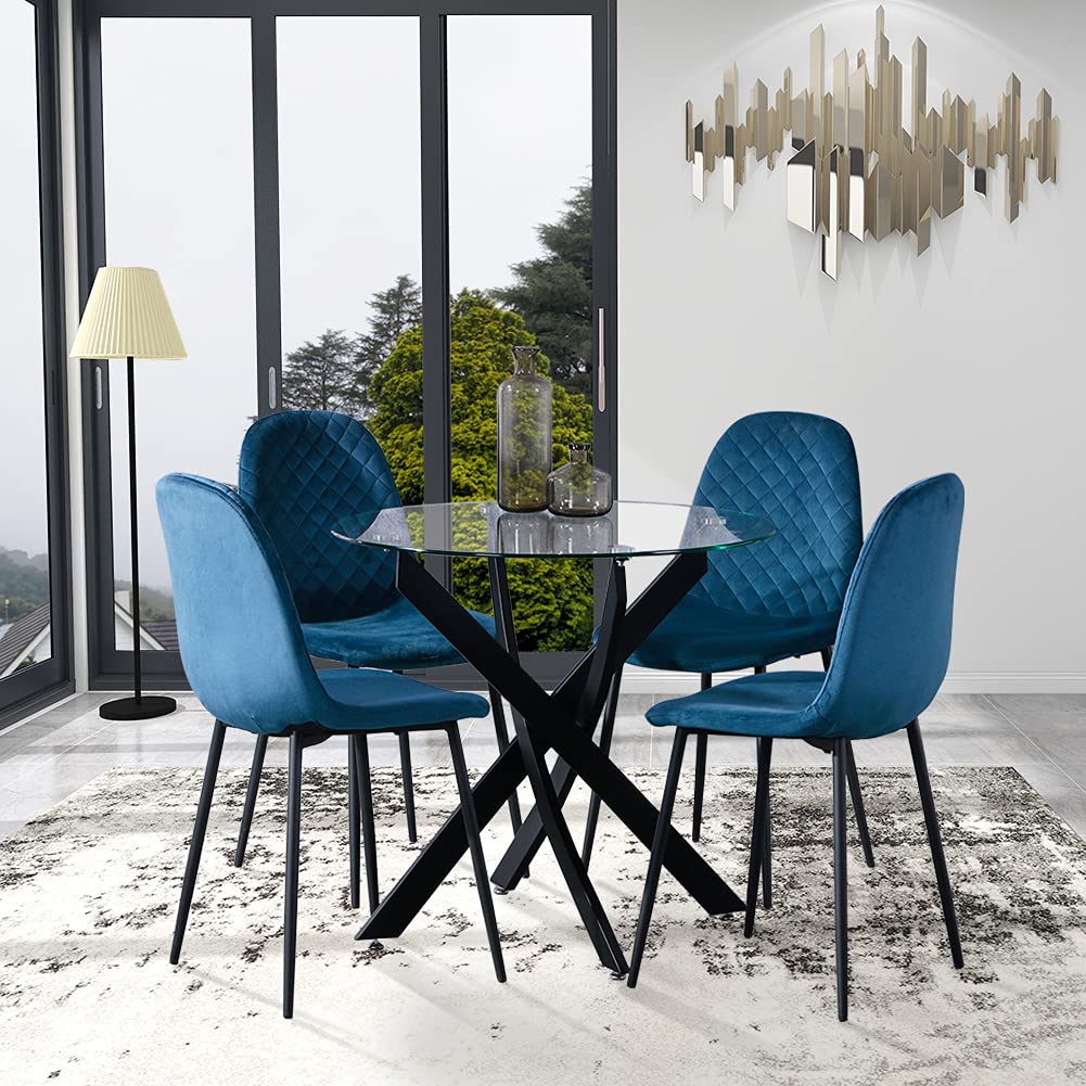 Buy GOLDFAN Round Dining Table and 4 Chairs Glass Kitchen Table Black