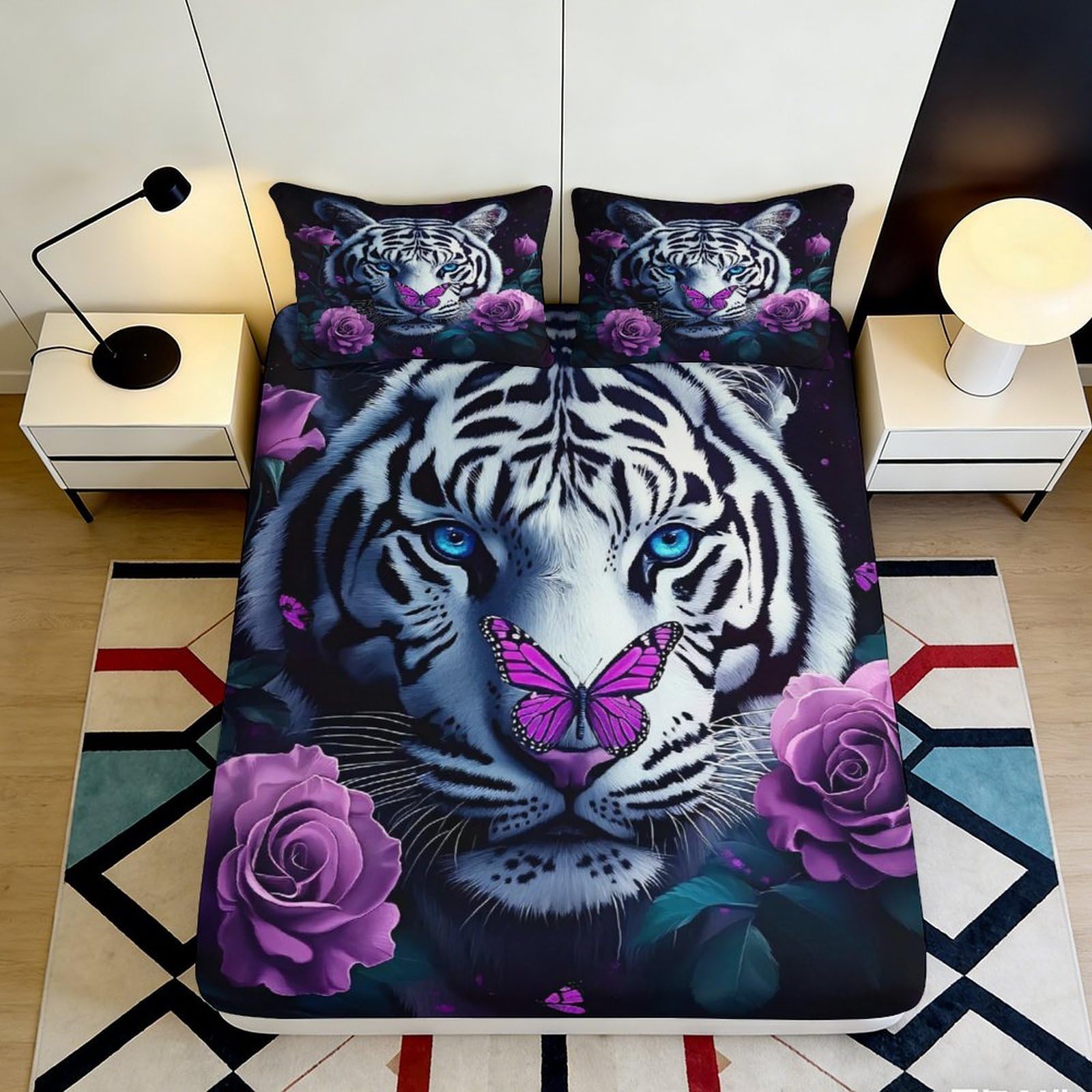 3D Printed White Tiger Fitted Sheet Microfiber Purple Rose Mattress Cover for Bedroom Dorm Artistic Bed Decor 120x200x25cm
