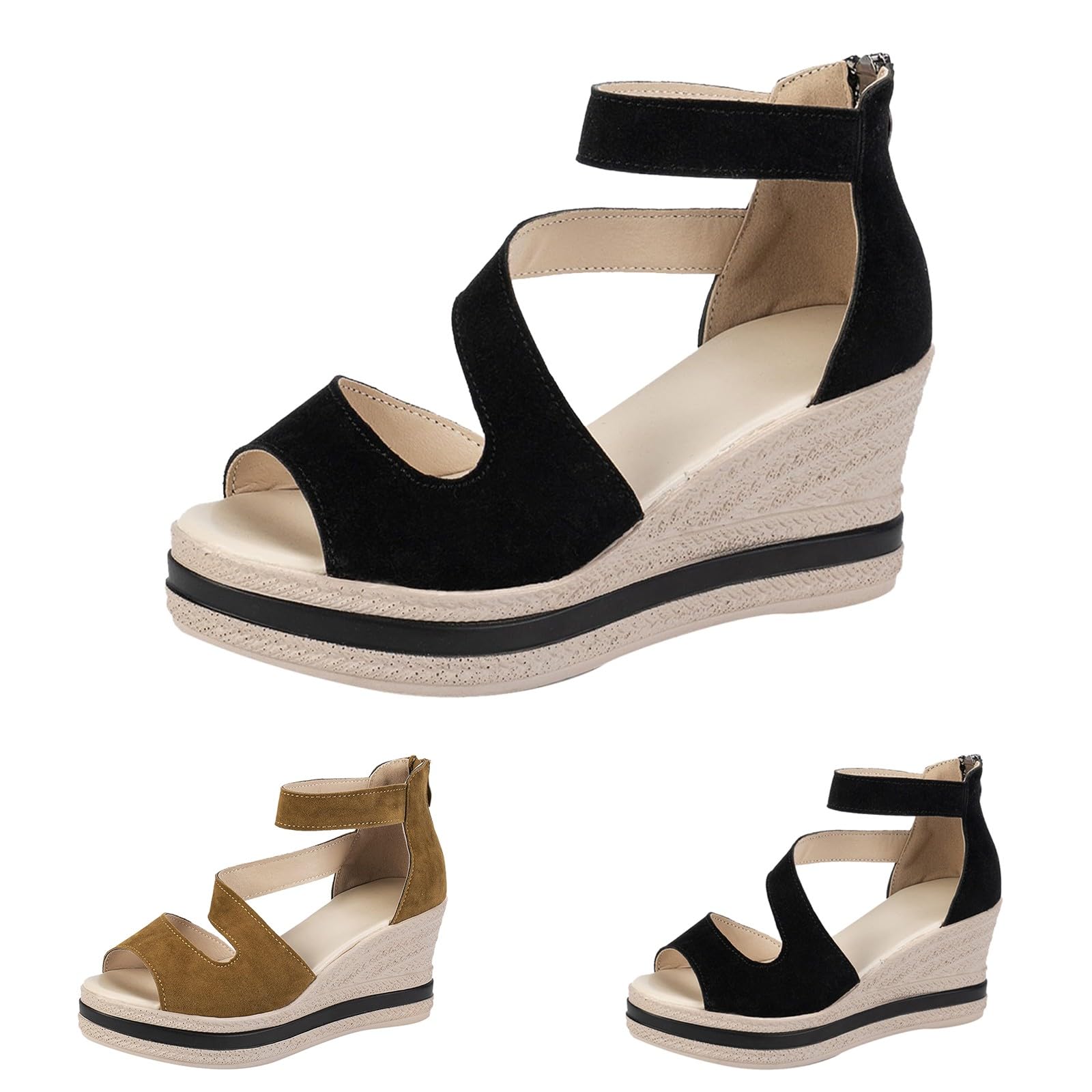 Sandales texturées à bout ouvert compensées avec sangle de cheville