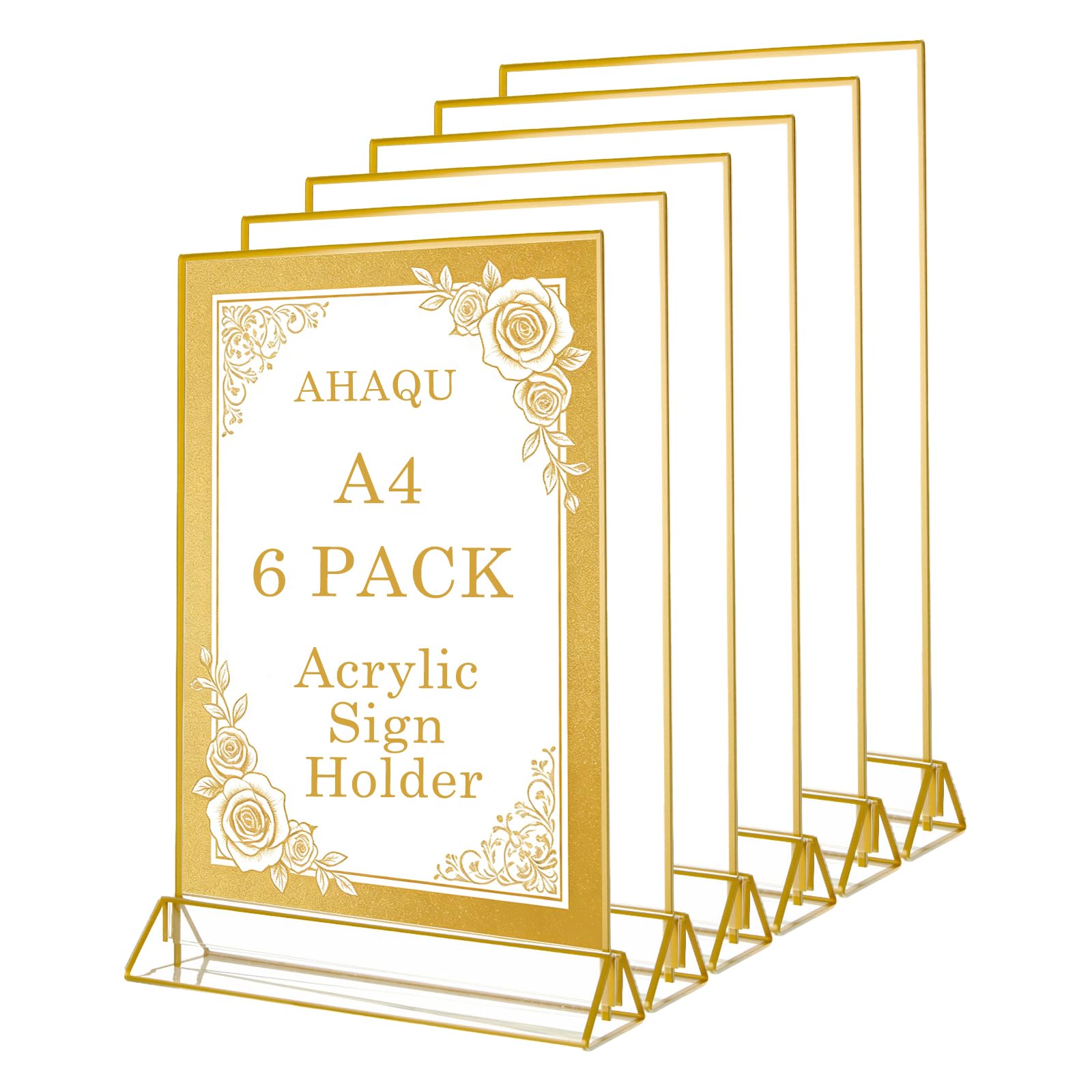 6PCS A4 Acrylic Sign Holder, Double Sided Perspex Display Stand, T-Shape Poster Menu Holder with Gold Borders for Wedding Table Numbers, Restaurant, Office