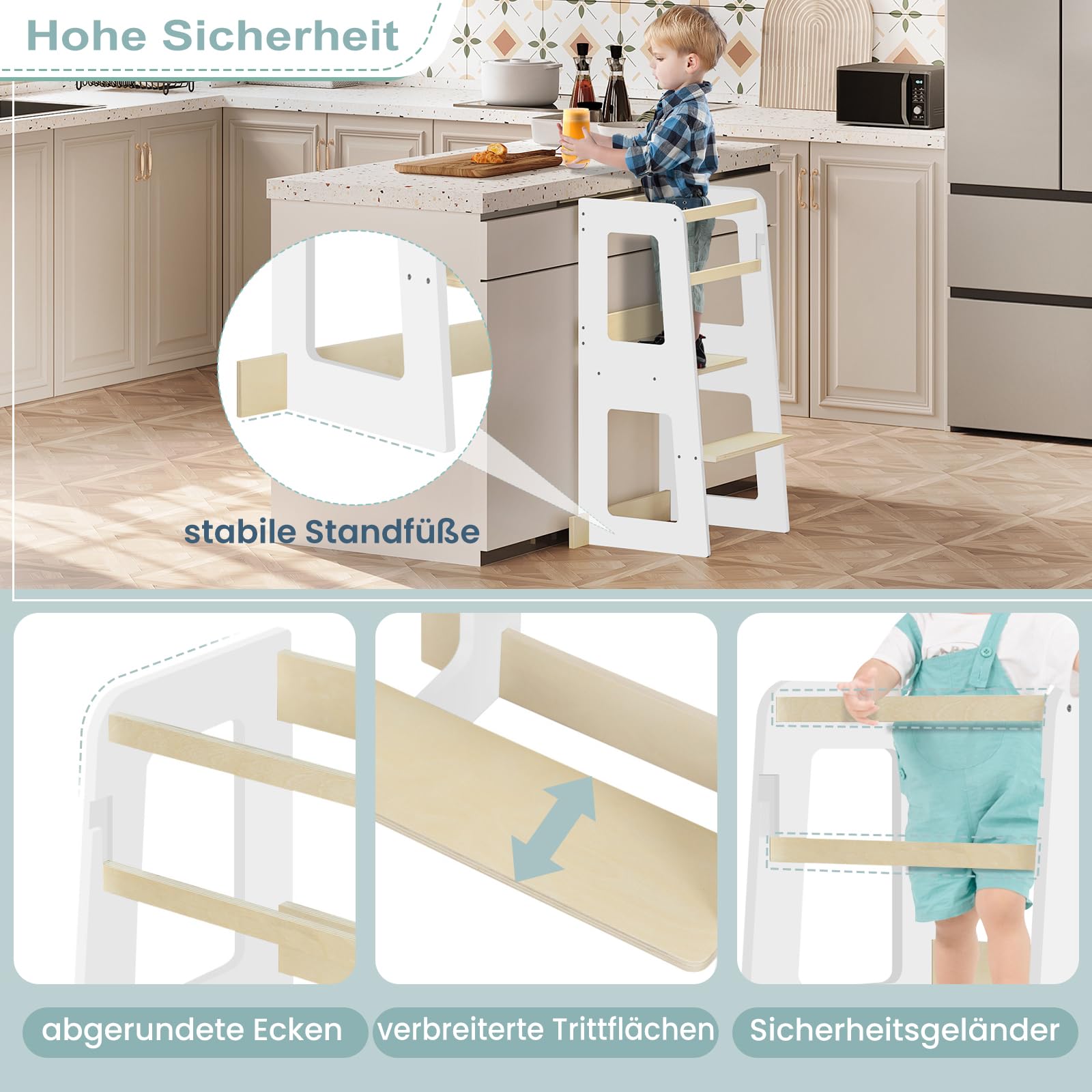 WOLTU Lernturm für Kinder ab 1 Jahr, mit Rausfallschutz, Montessori Learning Tower, Entdeckerturm Küchenhelfer Tritthocker, aus Massivholz MDF, bis 50 kg belastbar, Weiß Holzfarbe